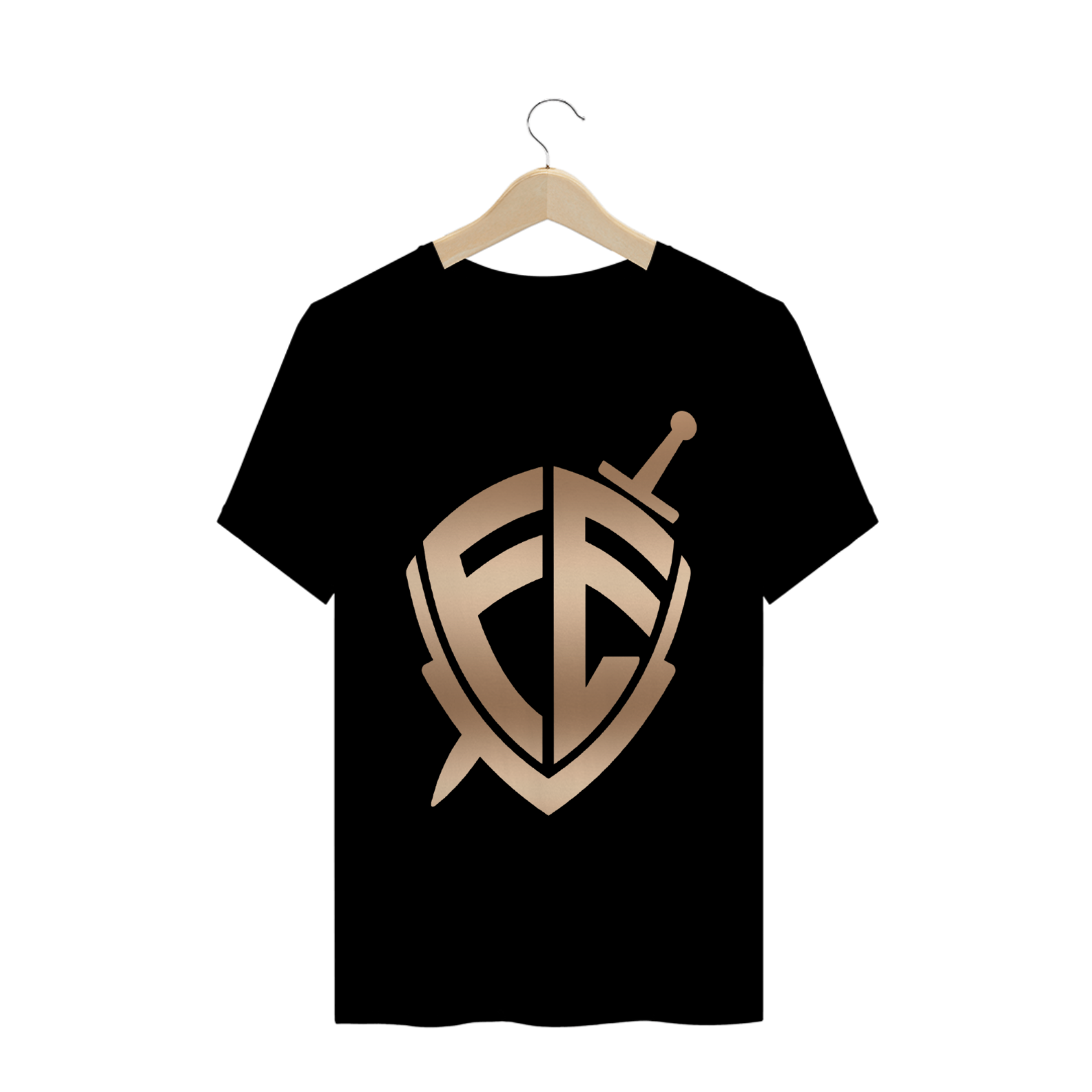 Nome do produto: Camiseta T-Shirt Gospel - Fé Brasão Dourado