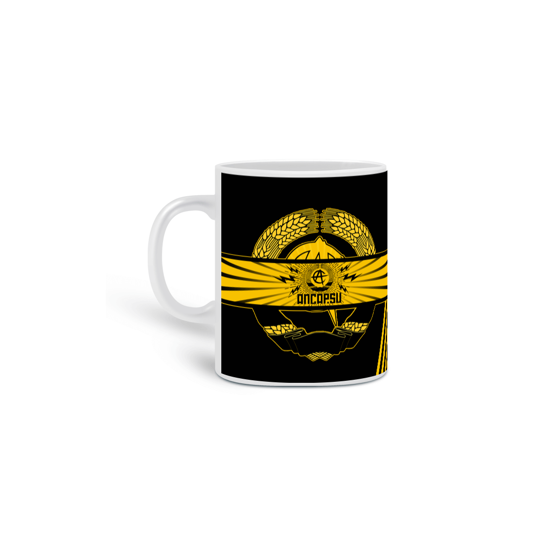 Nome do produto: Caneca Ancapsu Arte do Canal fundo Preto e Amarelo