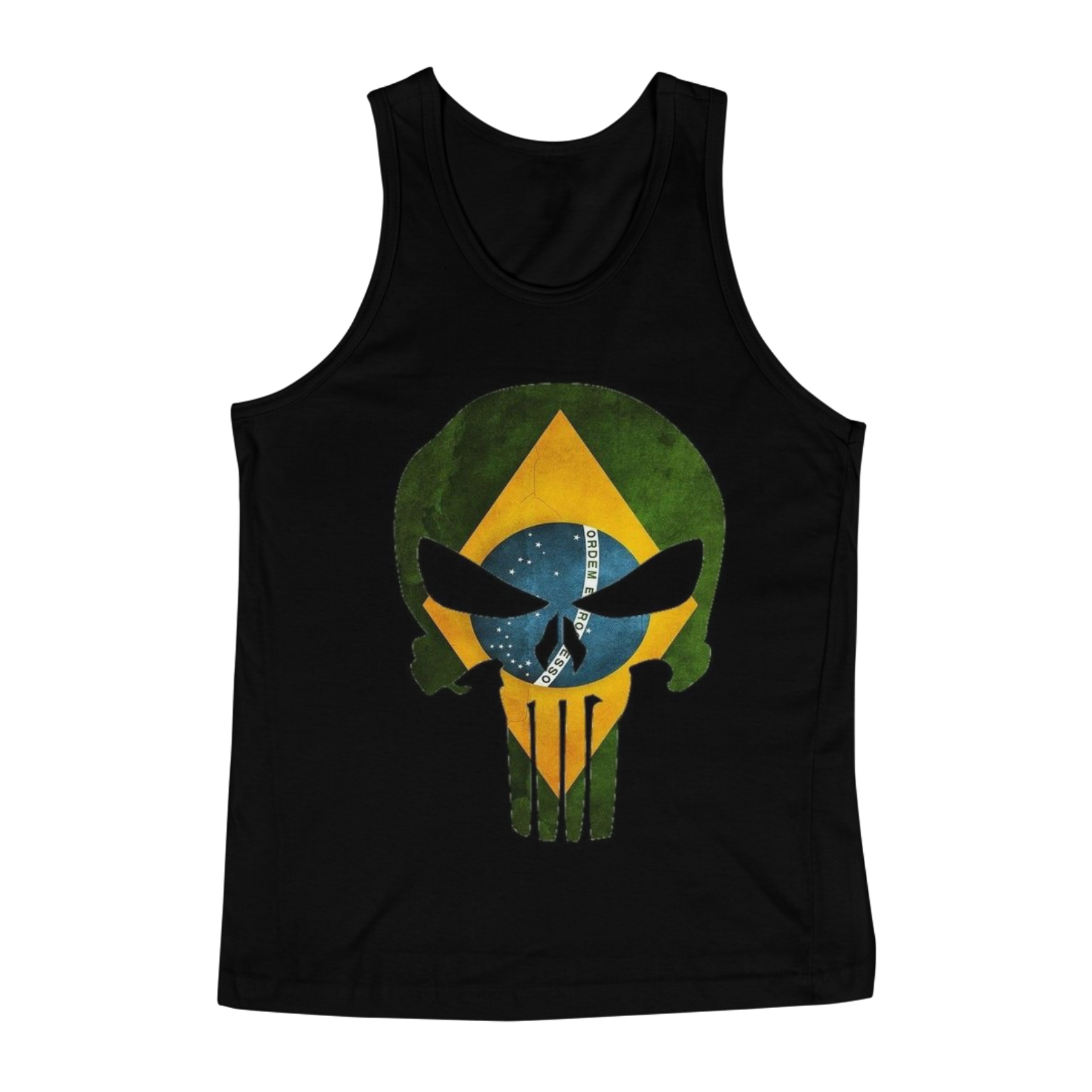 Nome do produto: Camisa regata estampa de caveira com fundo bandeira do Brasil