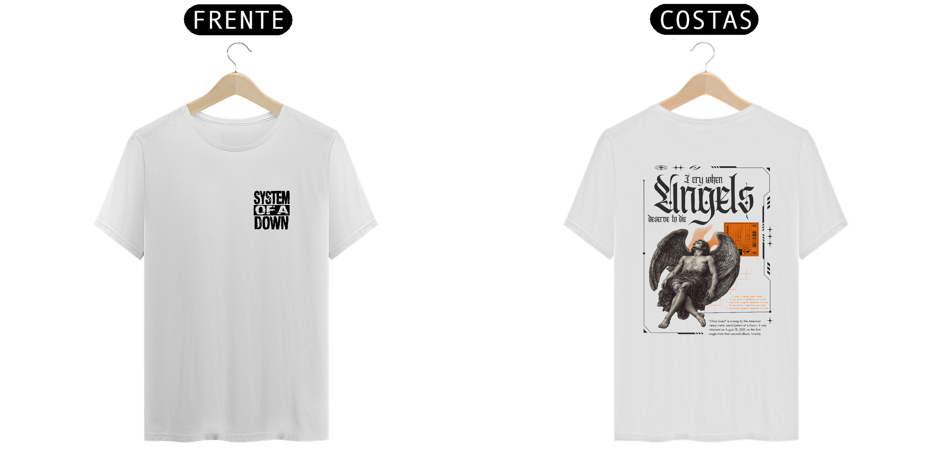 Camiseta System Of a Down Chop Suey! (Branca, Estampa Frente e Costas)