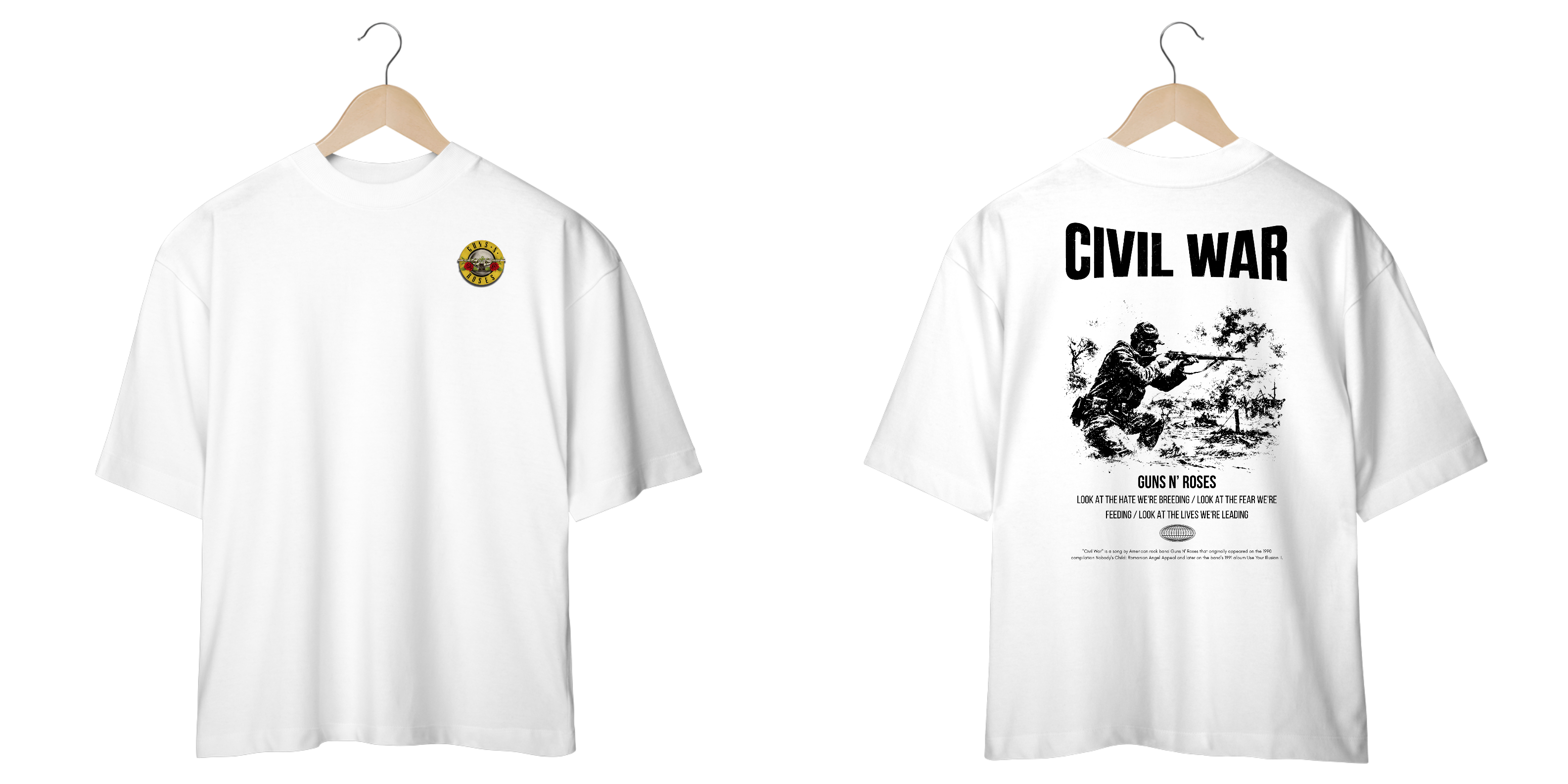 Camiseta Oversized Guns N' Roses Civil War (Estampa Frente e Costas)