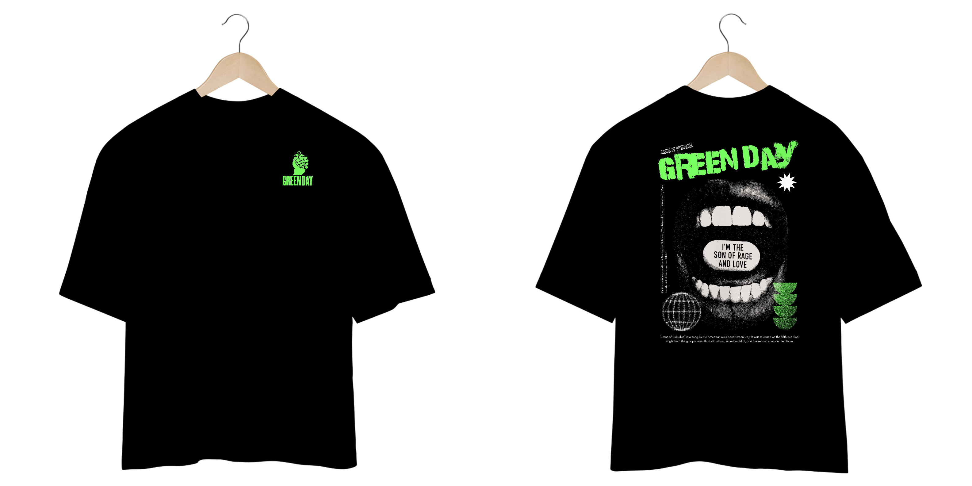 Camiseta Oversized Green Day Jesus of Suburbia (I'm the Son of Rage and Love, Estampa Frente e Costas)