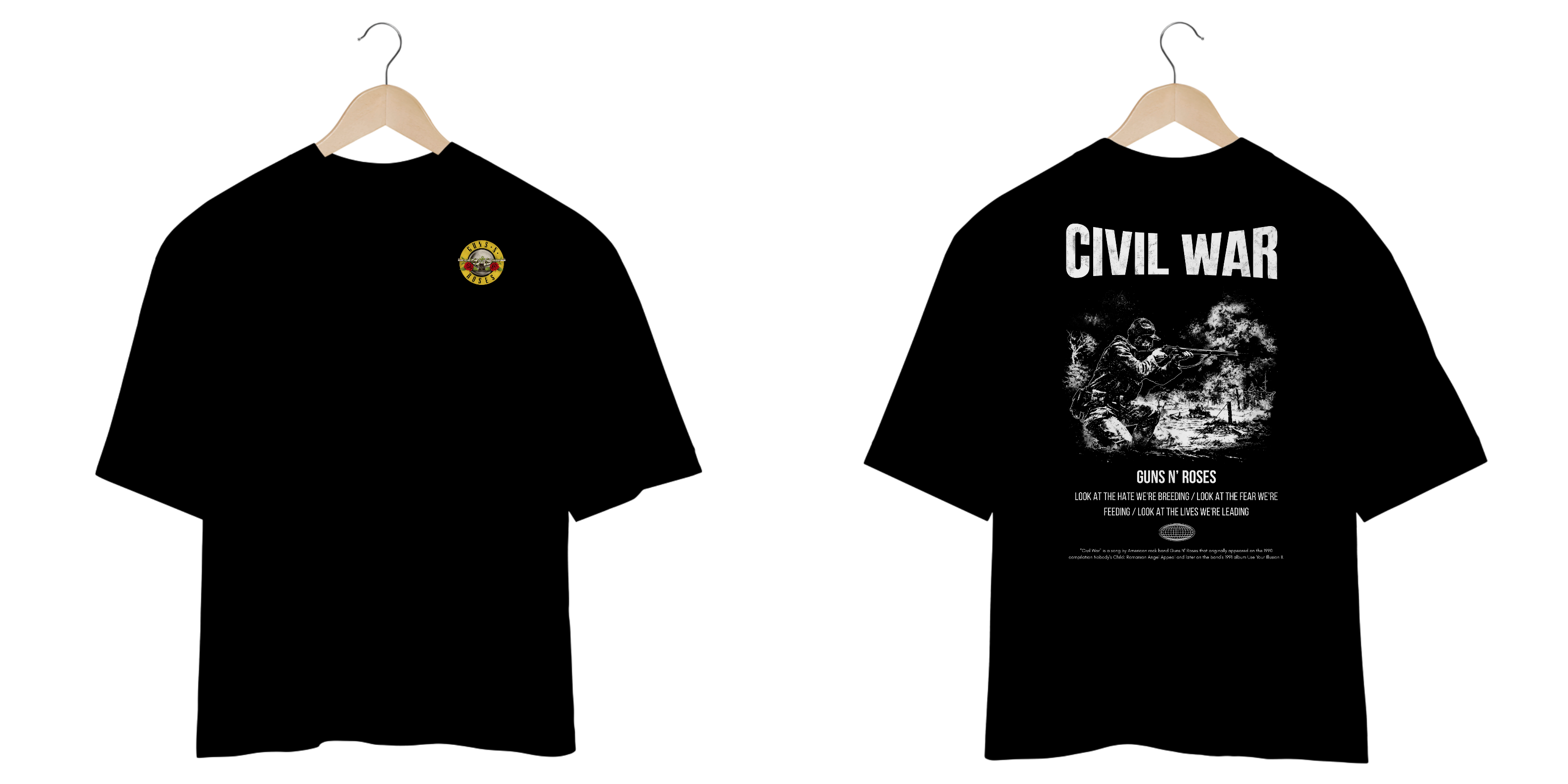 Camiseta Oversized Guns N' Roses Civil War (Preta, Estampa Frente e Costas)