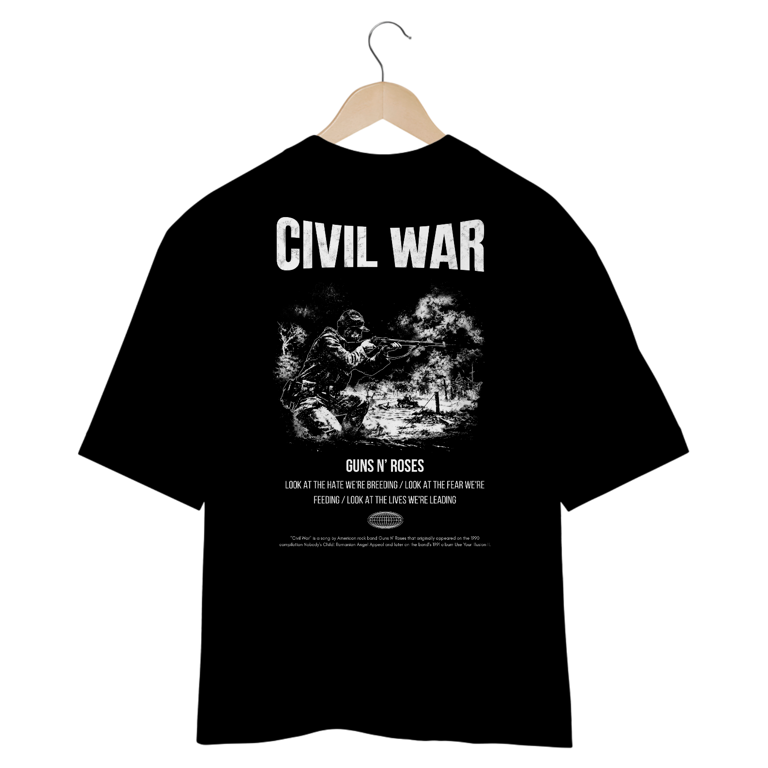 Camiseta Oversized Guns N' Roses Civil War (Preta, Estampa nas Costas)