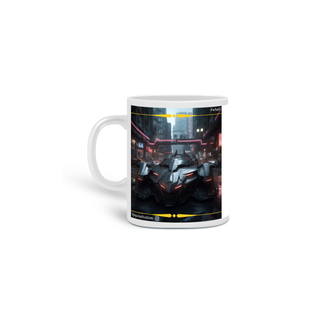 Nome do produto: Caneca Universos Paralelos: Batmóvel e Batwing Cyberpunk