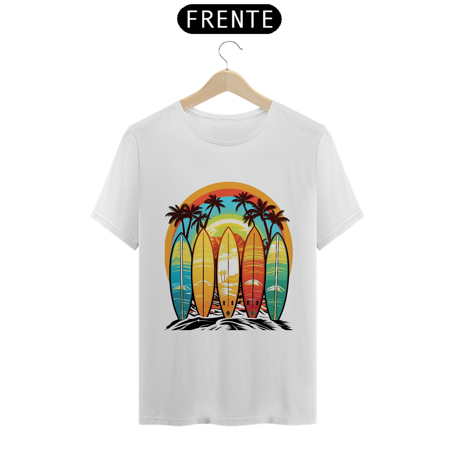 Nome do produto: Camiseta Masculina Surf Retro: Pranchas Vintage na Praia