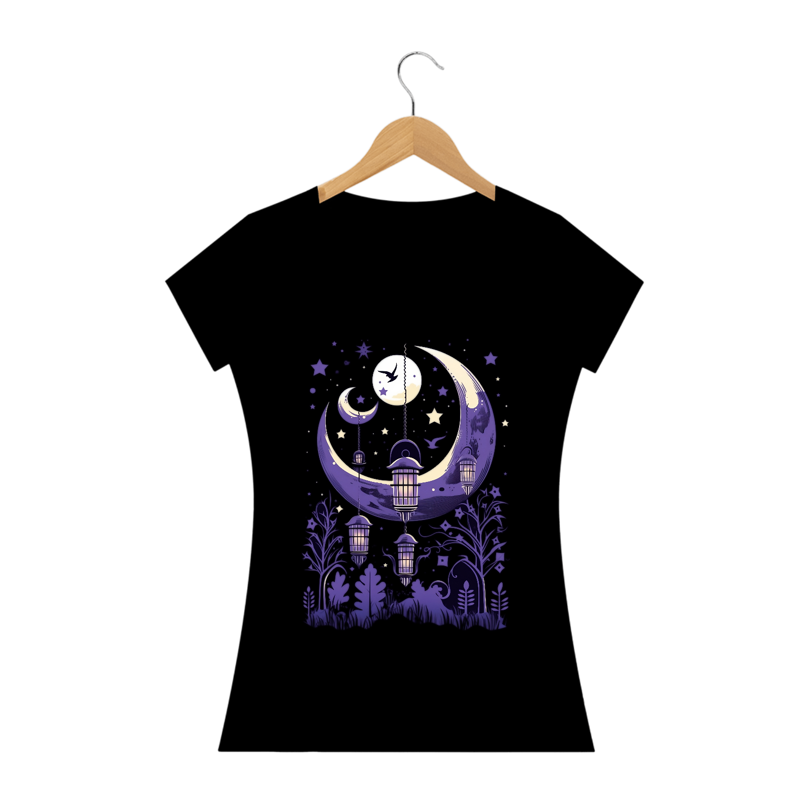 Nome do produto: Camiseta Feminina Noite Encantadora: Lua Crescente e Estrelas Brilhantes
