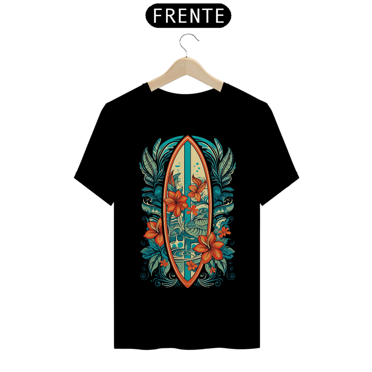 Nome do produto: Camiseta Masculina Surf Vintage: Prancha Tropical Floral