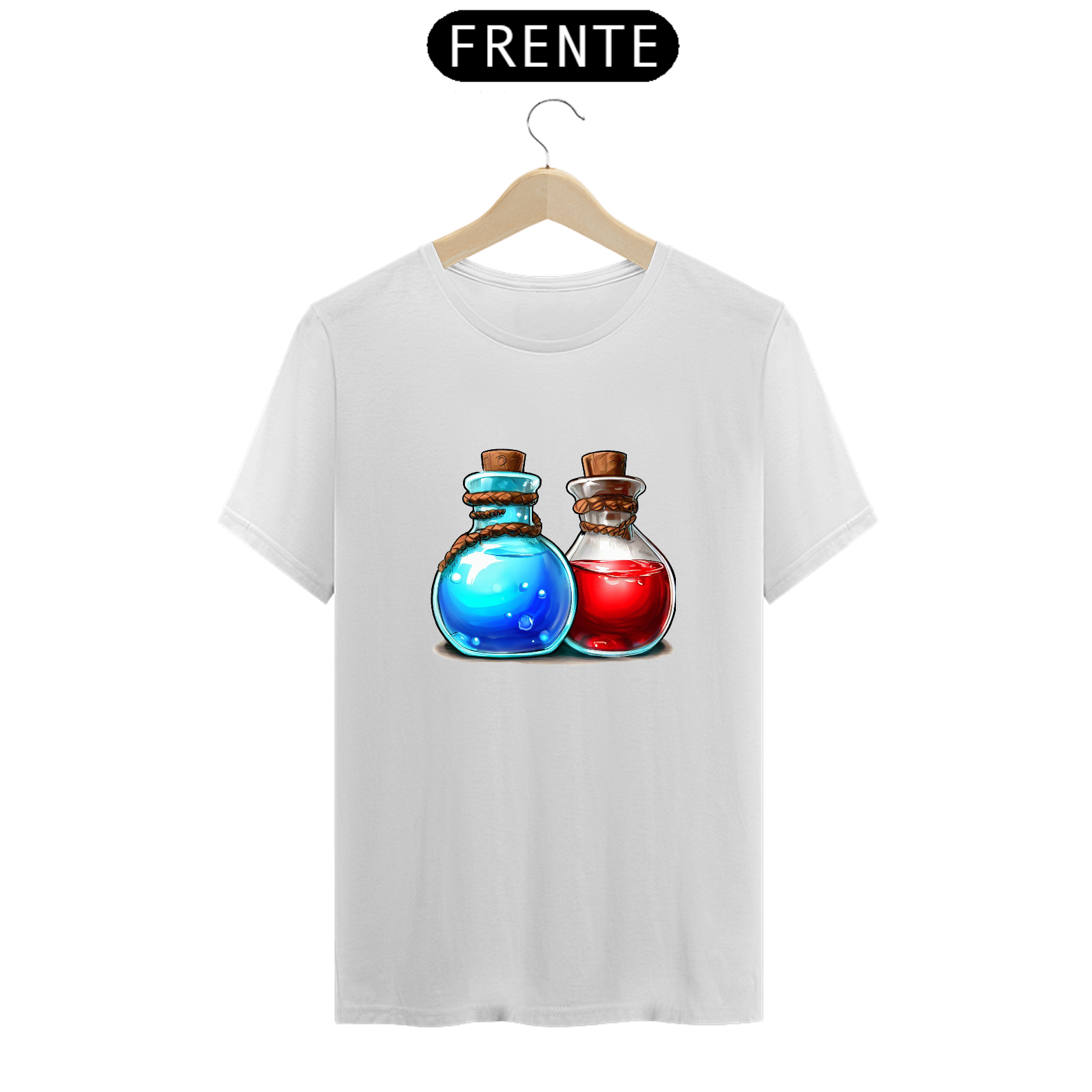 Nome do produto: Camiseta Poção de Vida Vermelha e Mana Azul HP MP MMO RPG Brenommorpg