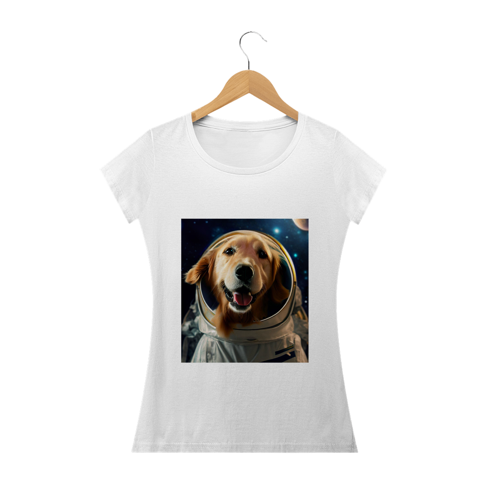 Nome do produto: Camiseta feminina Golden Retriever astronauta
