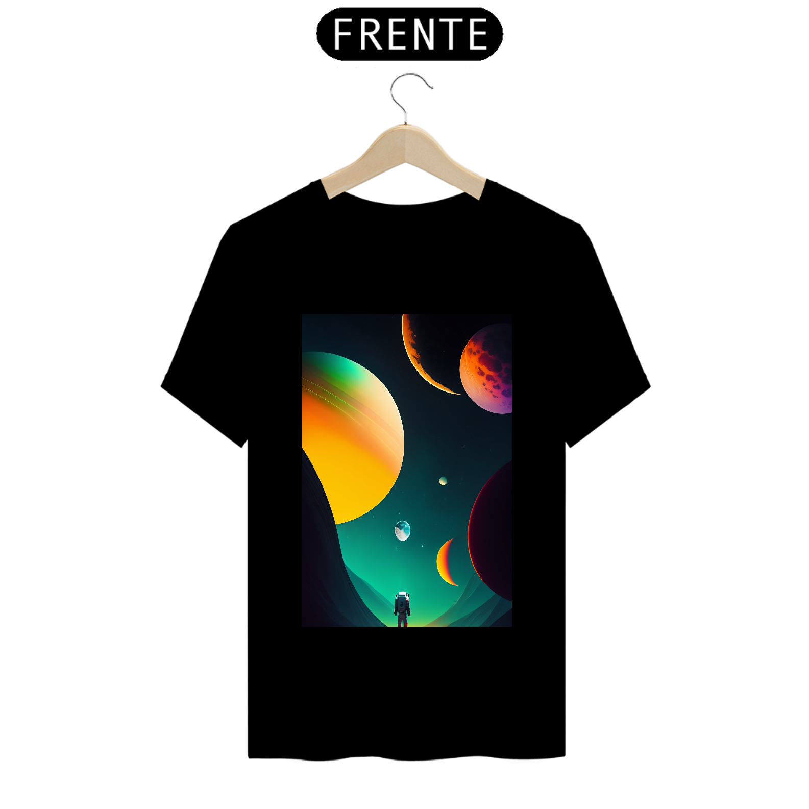 Nome do produto: Camiseta Astronauta perdido em Júpiter, cena épica, exibindo ao fundo a lua e outros planetas e estrelas arte de zdzisław beksiński e romeiro britto