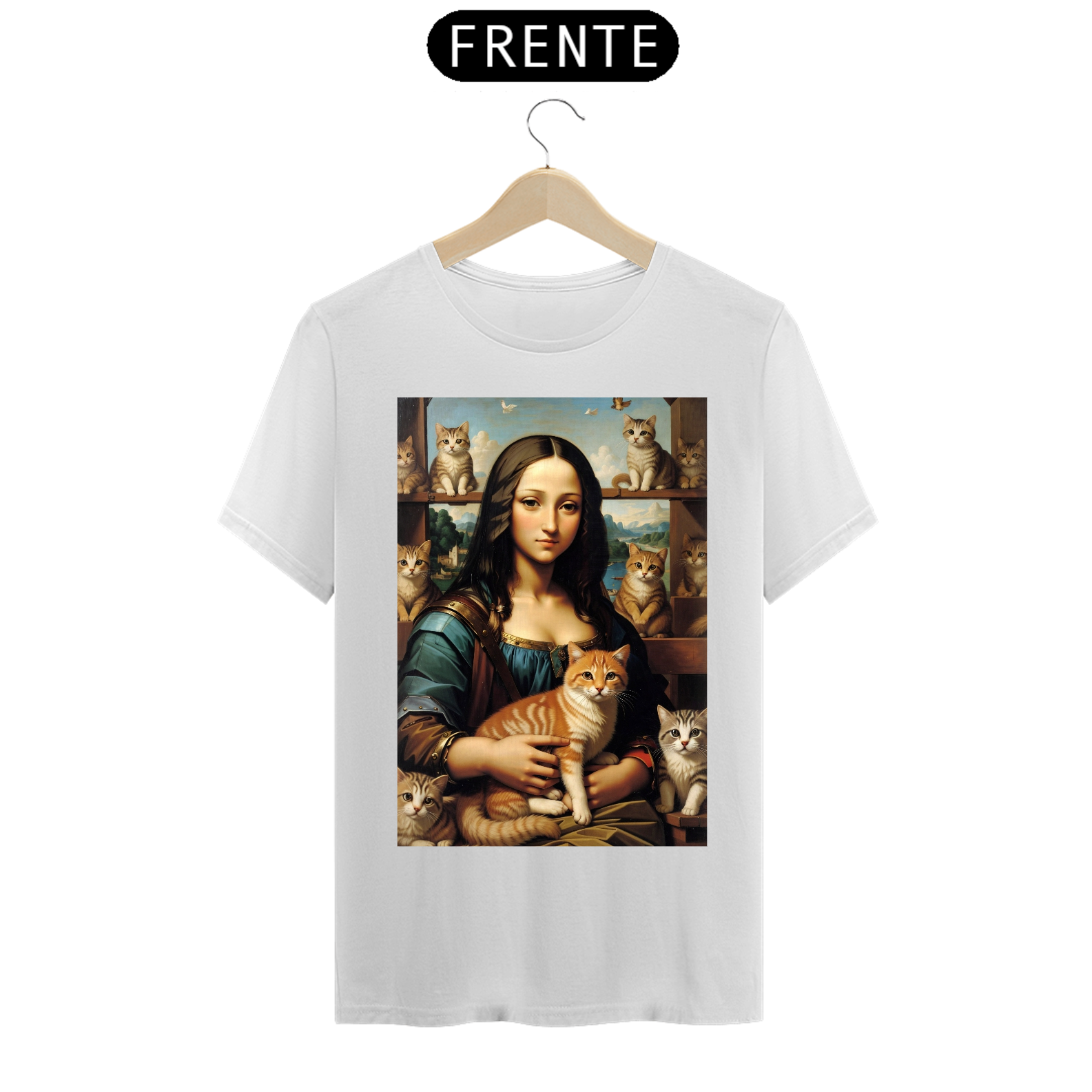 Nome do produto: Camiseta mona lisa rainha dos gatos