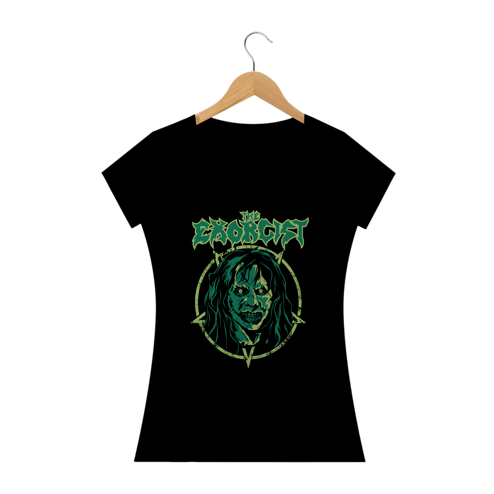 Camiseta Feminina O Exorcista + Banda Exodus | Estampa Rock Horror - Verde