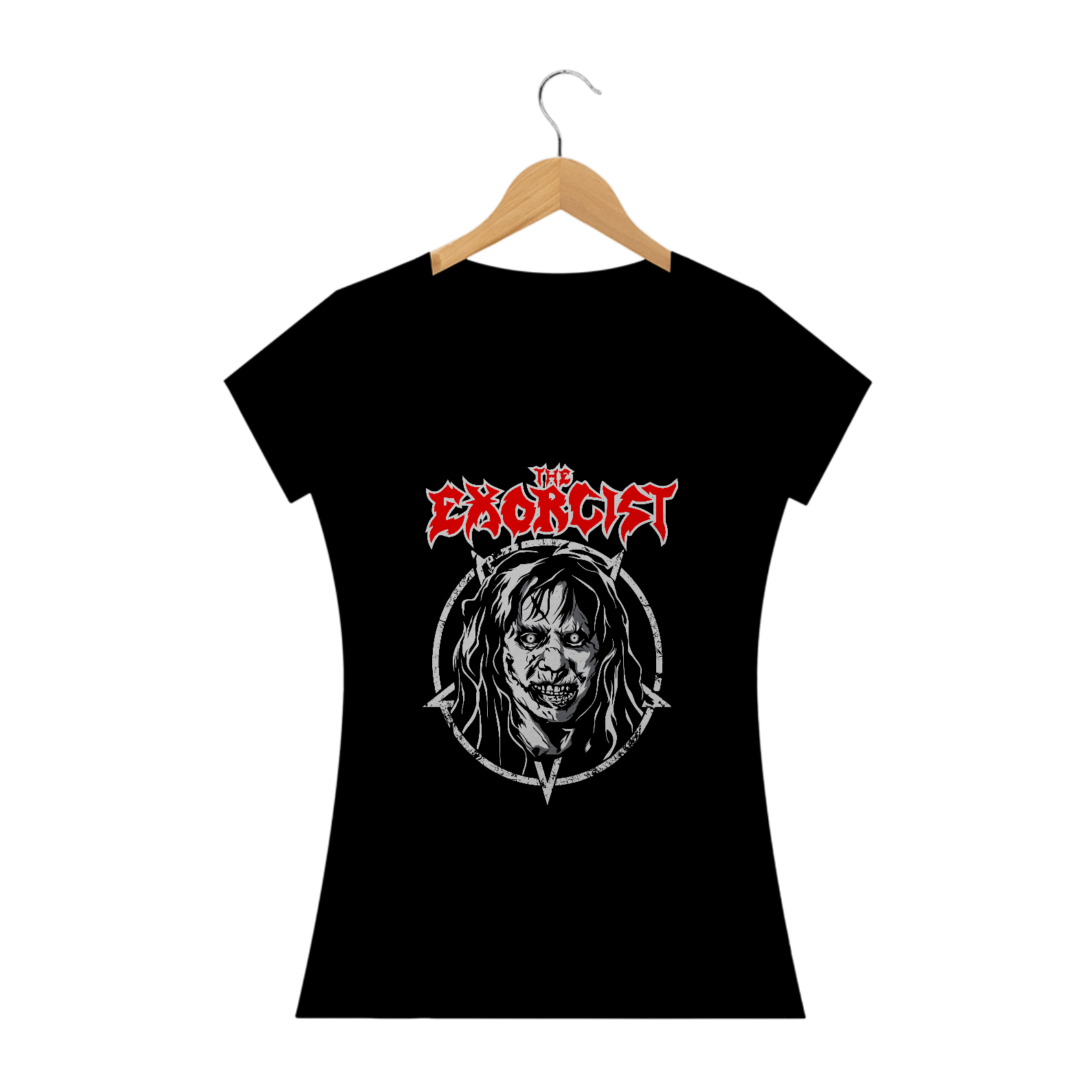 Camiseta Feminina O Exorcista + Banda Exodus | Estampa Rock Horror - Cinza