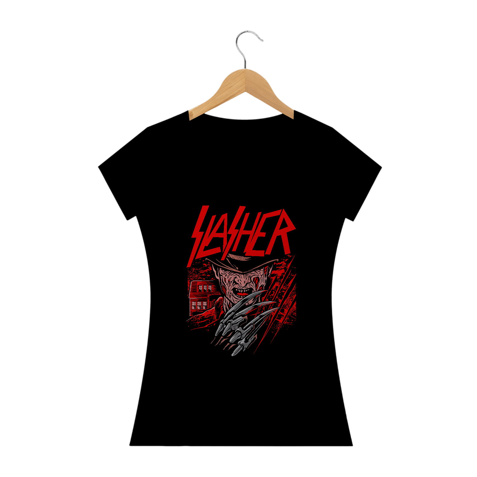 Camiseta Feminina Freddy Krueger + Banda Slayer | Estampa Rock Horror