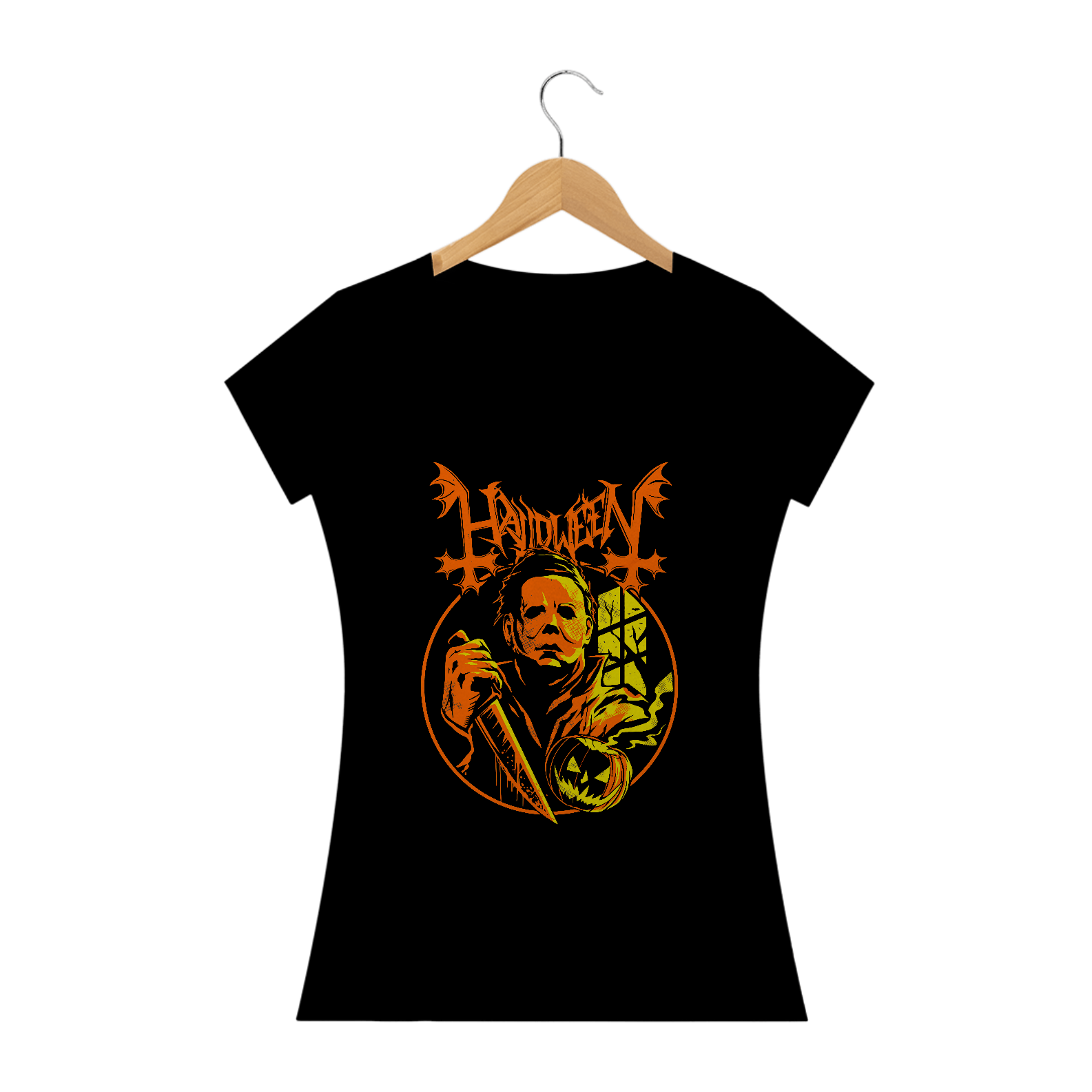 Camiseta Feminina Halloween + Banda Mayhem | Estampa Rock Horror
