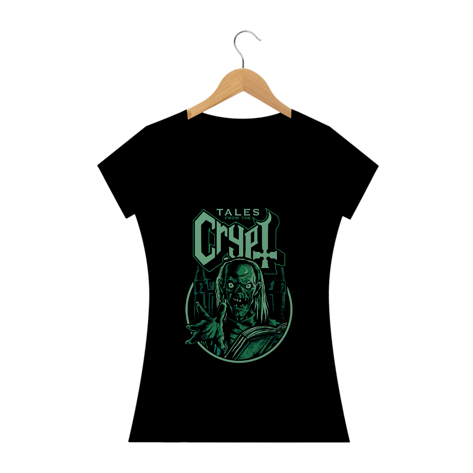 Camiseta Feminina Contos da Cripta + Banda Ghost | Estampa Rock Horror - Verde