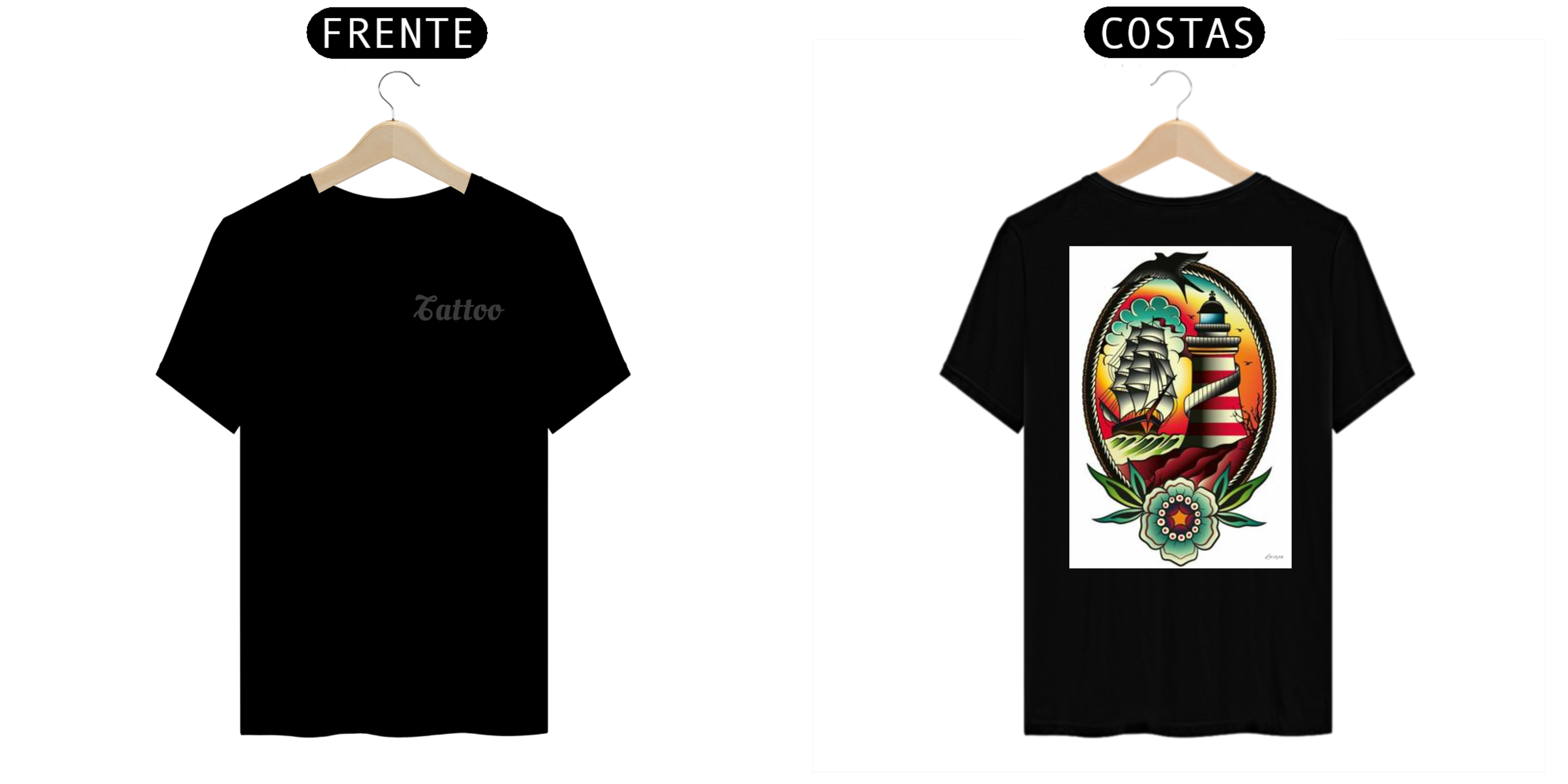 Nome do produto: Camiseta Masculina - Tattoo Navio e Farol