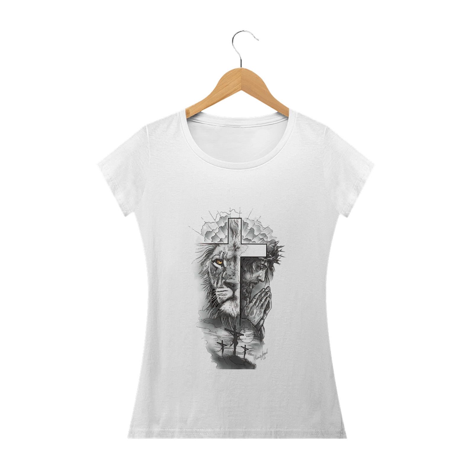 Nome do produto: Camiseta feminina a Cruz o Cordeiro e o Leão 