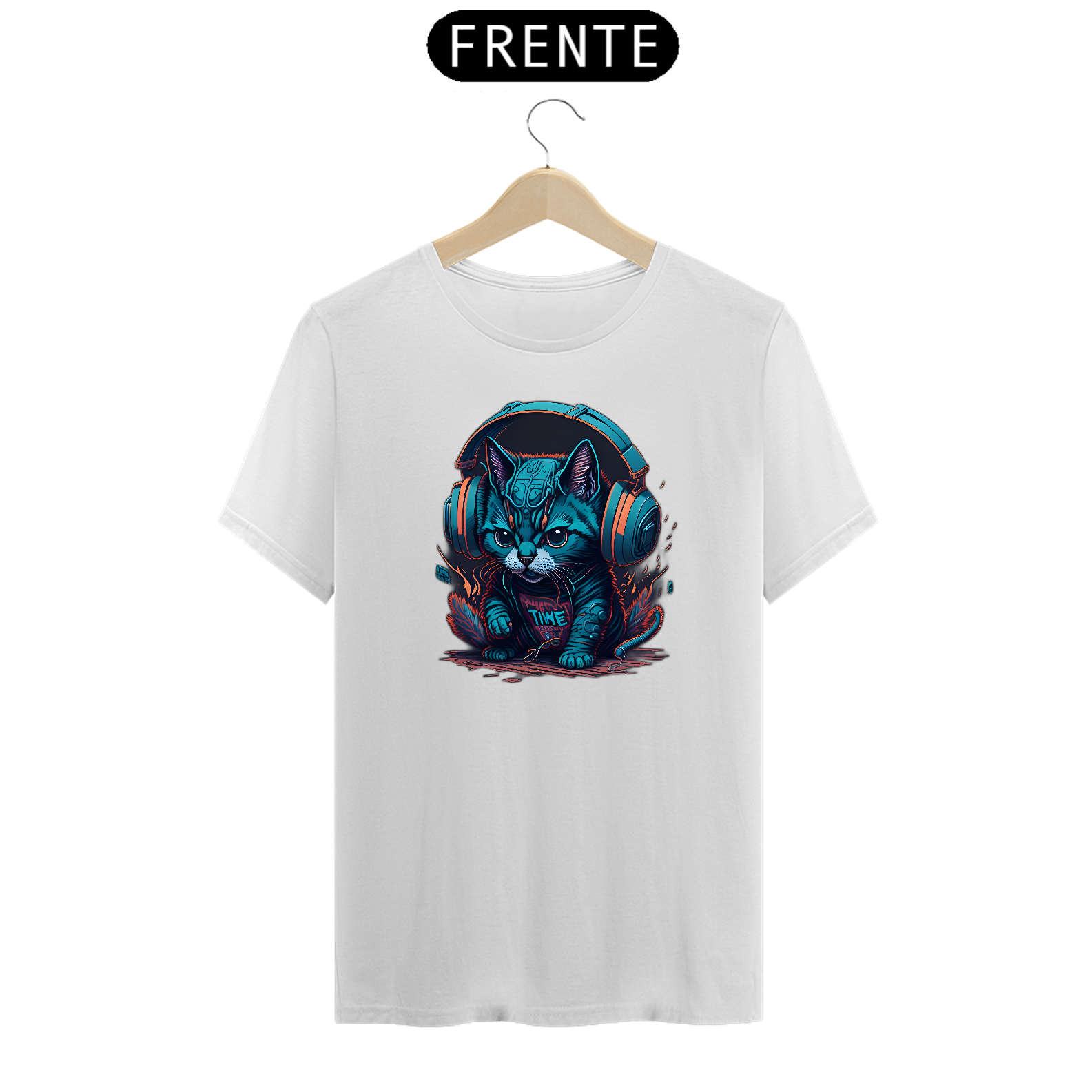 Nome do produto: Camiseta Gatinho com fone de ouvido