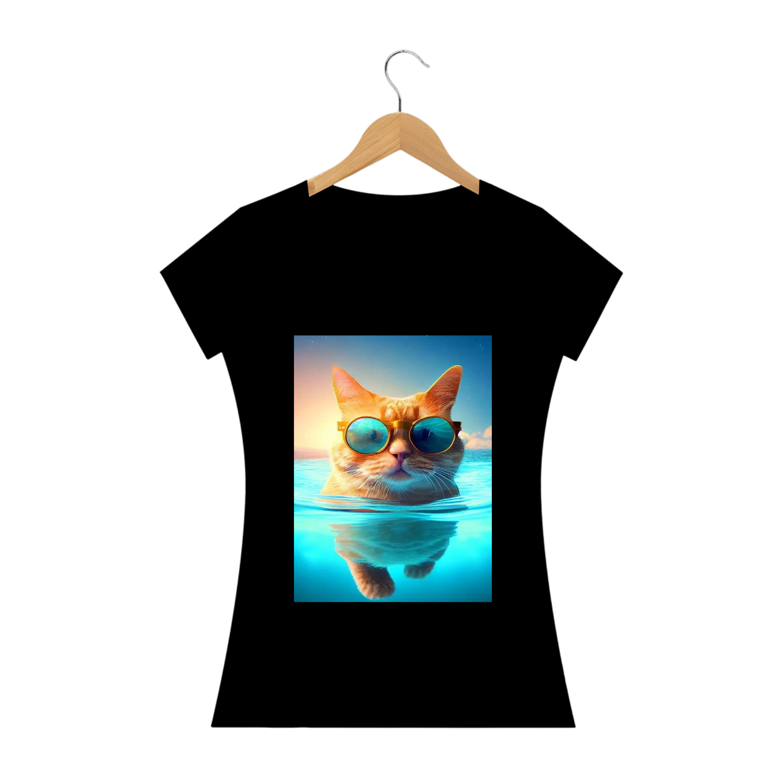 Nome do produto: Camiseta Feminina Gato de Óculos Nadando