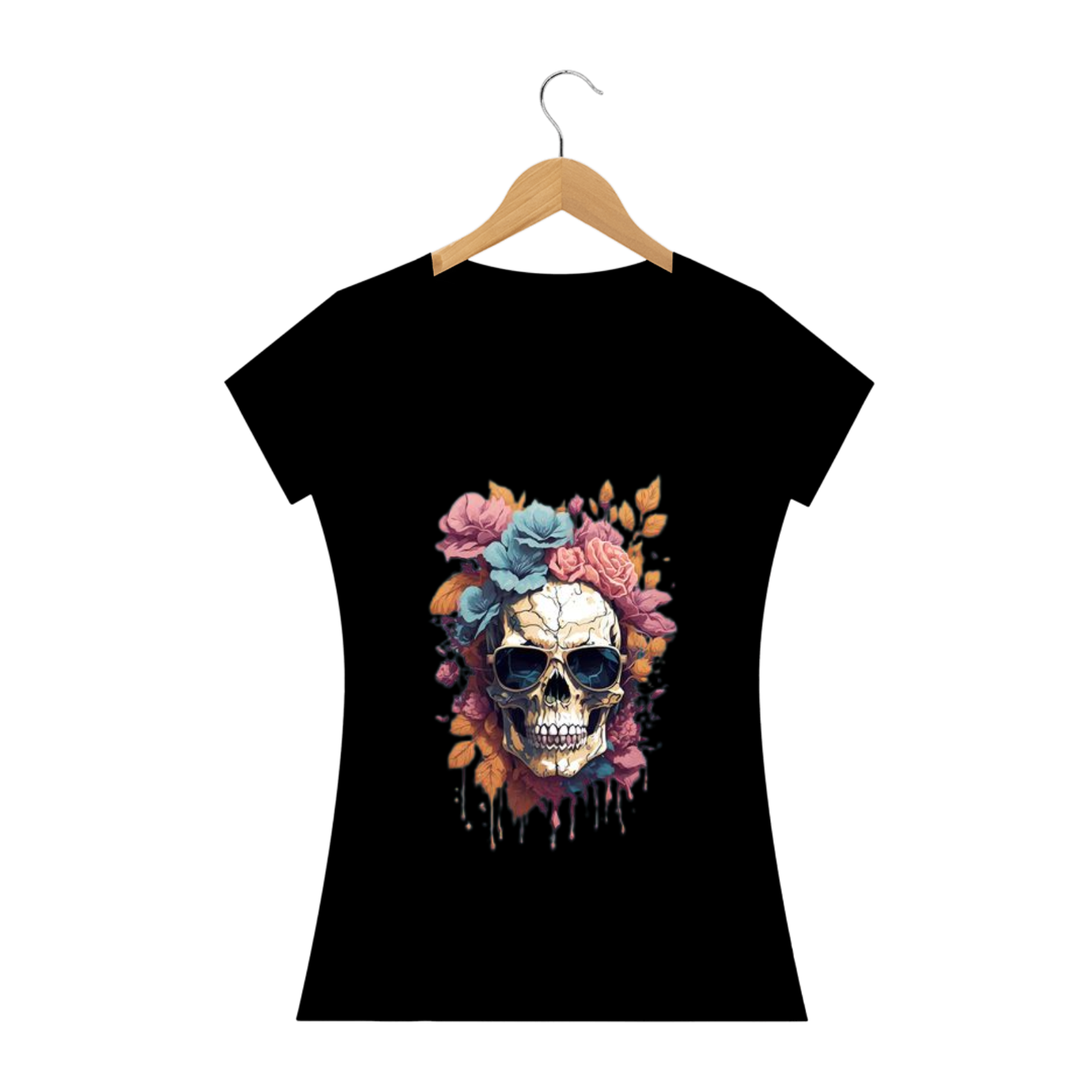 Nome do produto: Camiseta Feminina Caveira Com Flores