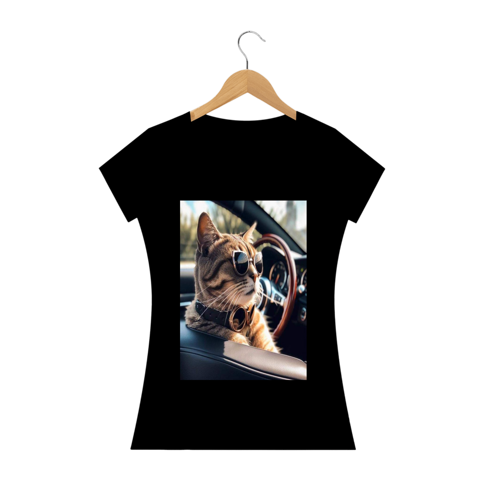 Nome do produto: Camiseta Feminina Gato No Carro Conversível