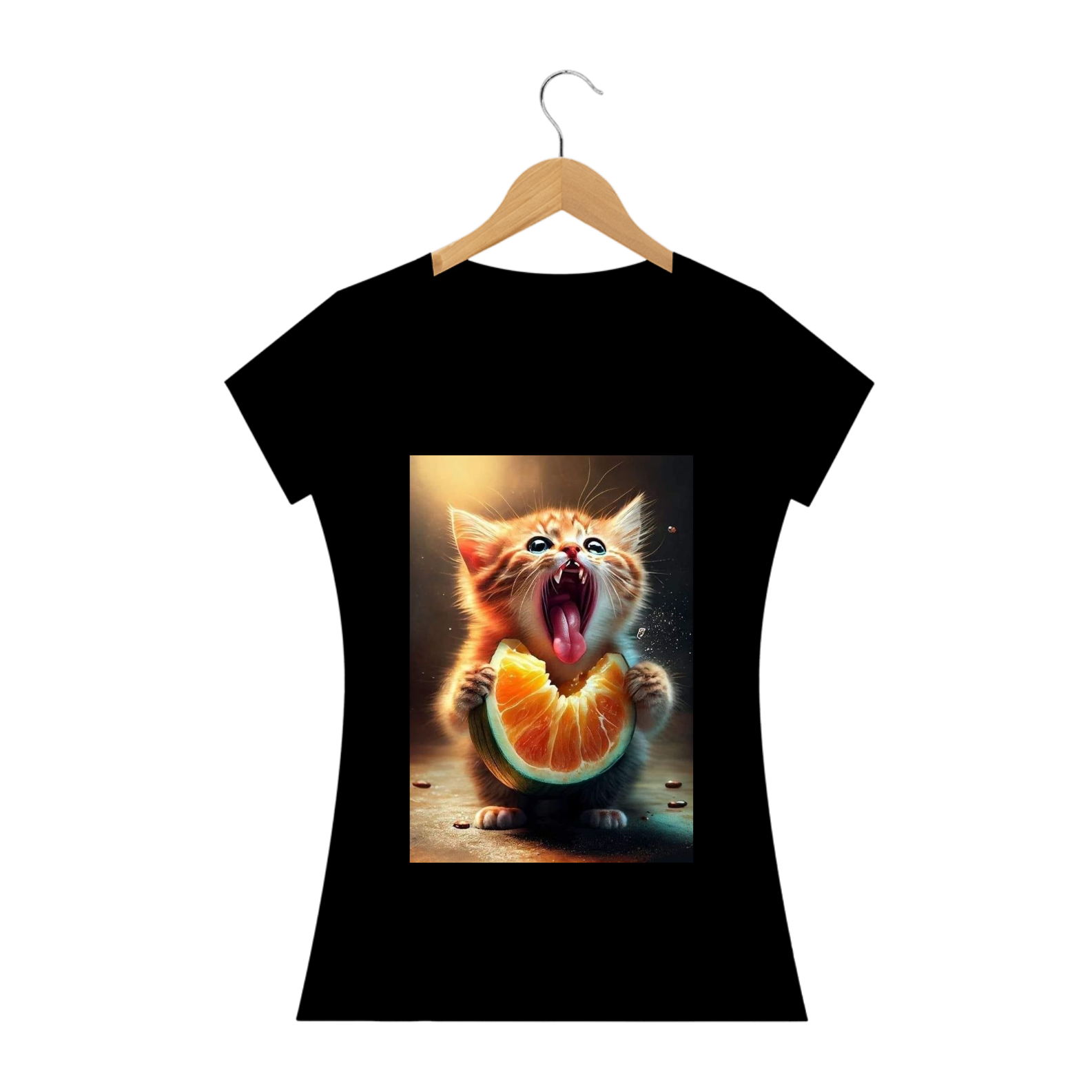 Nome do produto: Camiseta Feminina Gato com Laranja