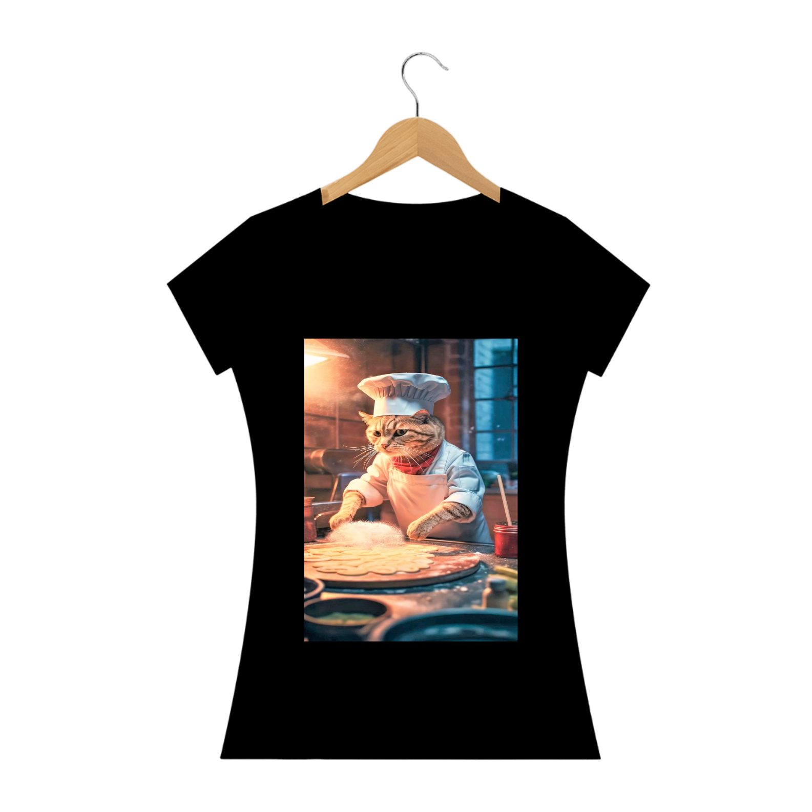 Nome do produto: Camiseta Feminina Gato Fazendo Pizza