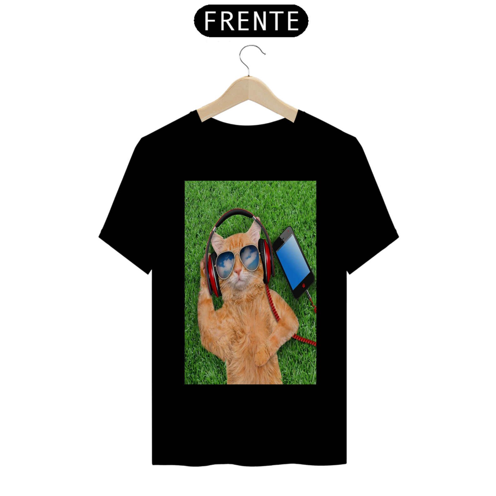 Nome do produto: Camiseta Gato na Grama com Fone