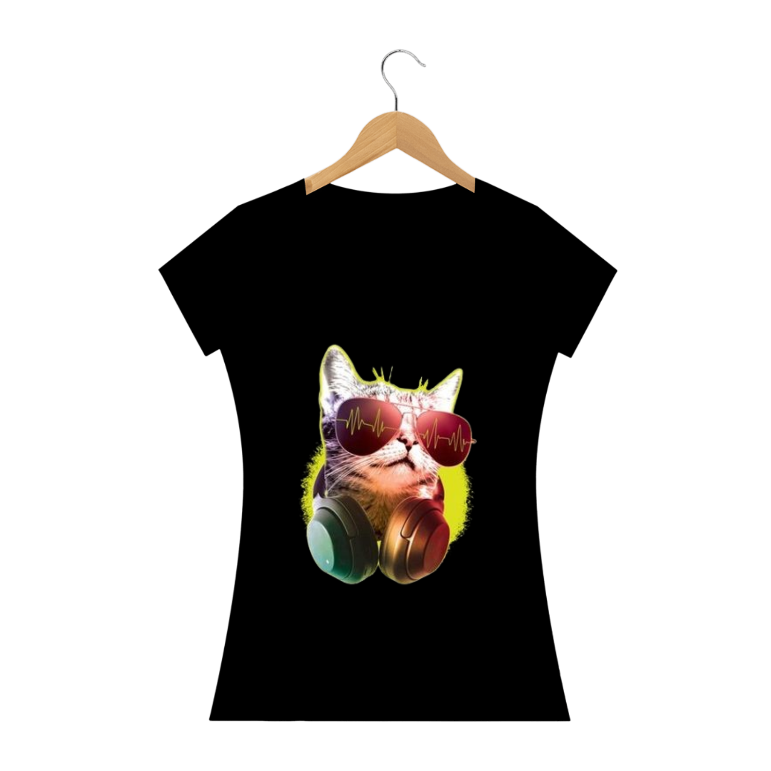 Nome do produto: Camiseta Gato com Óculos Escuros e Fone