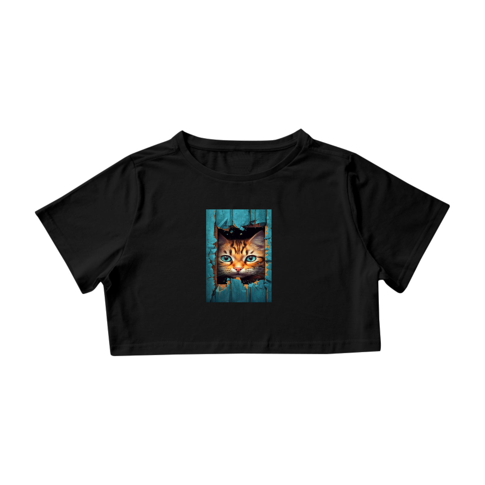 Nome do produto: Camiseta Cropped Gato na Cerca Verde