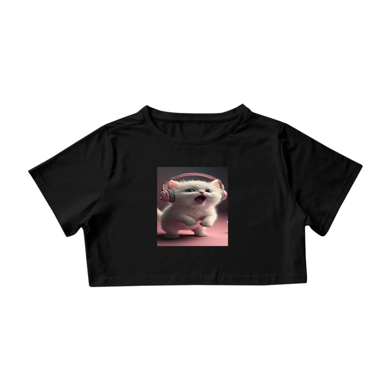 Nome do produto: Camiseta Cropped Gato com Fone Rosa