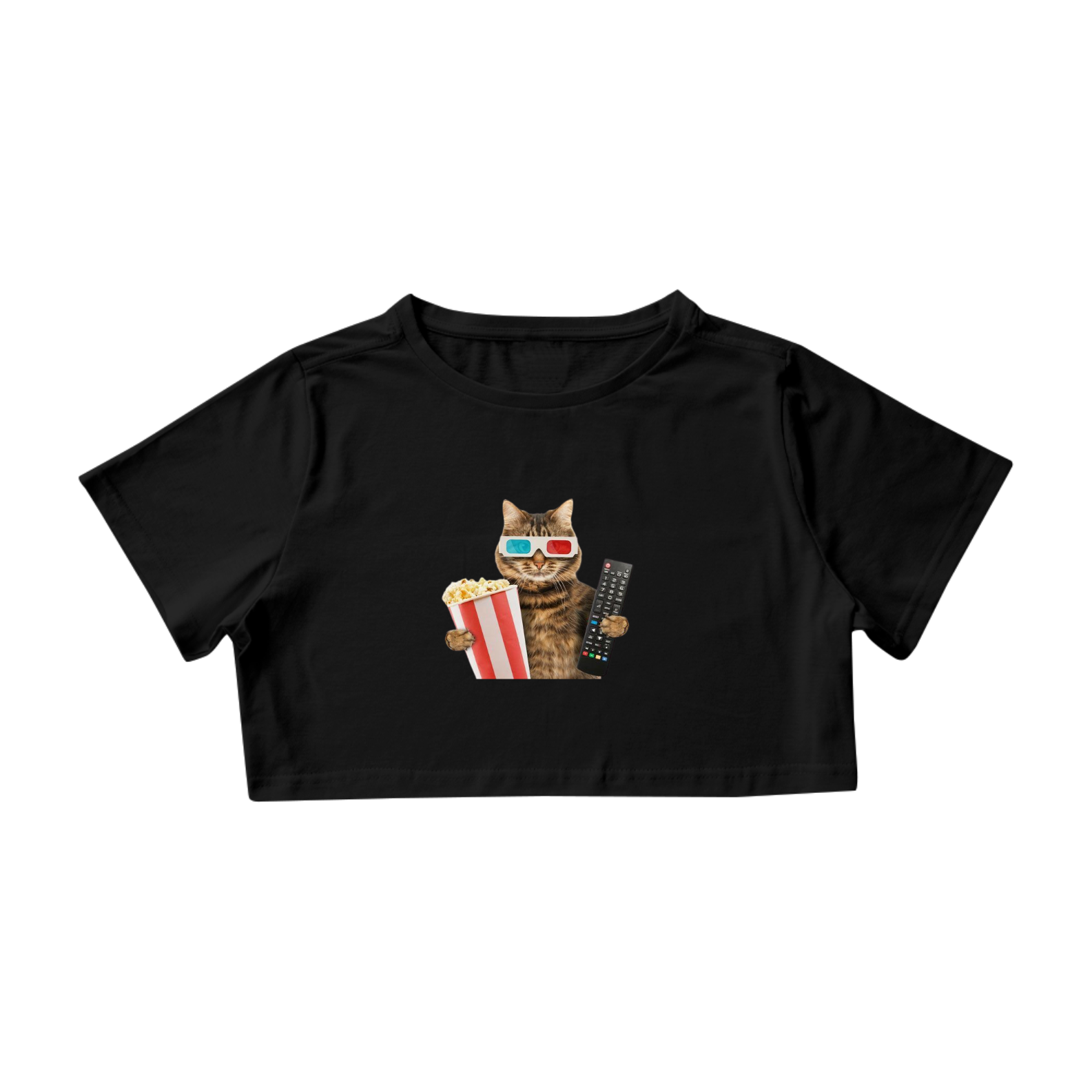 Nome do produto: Camiseta Cropped Gato com Óculos 3D e Pipoca