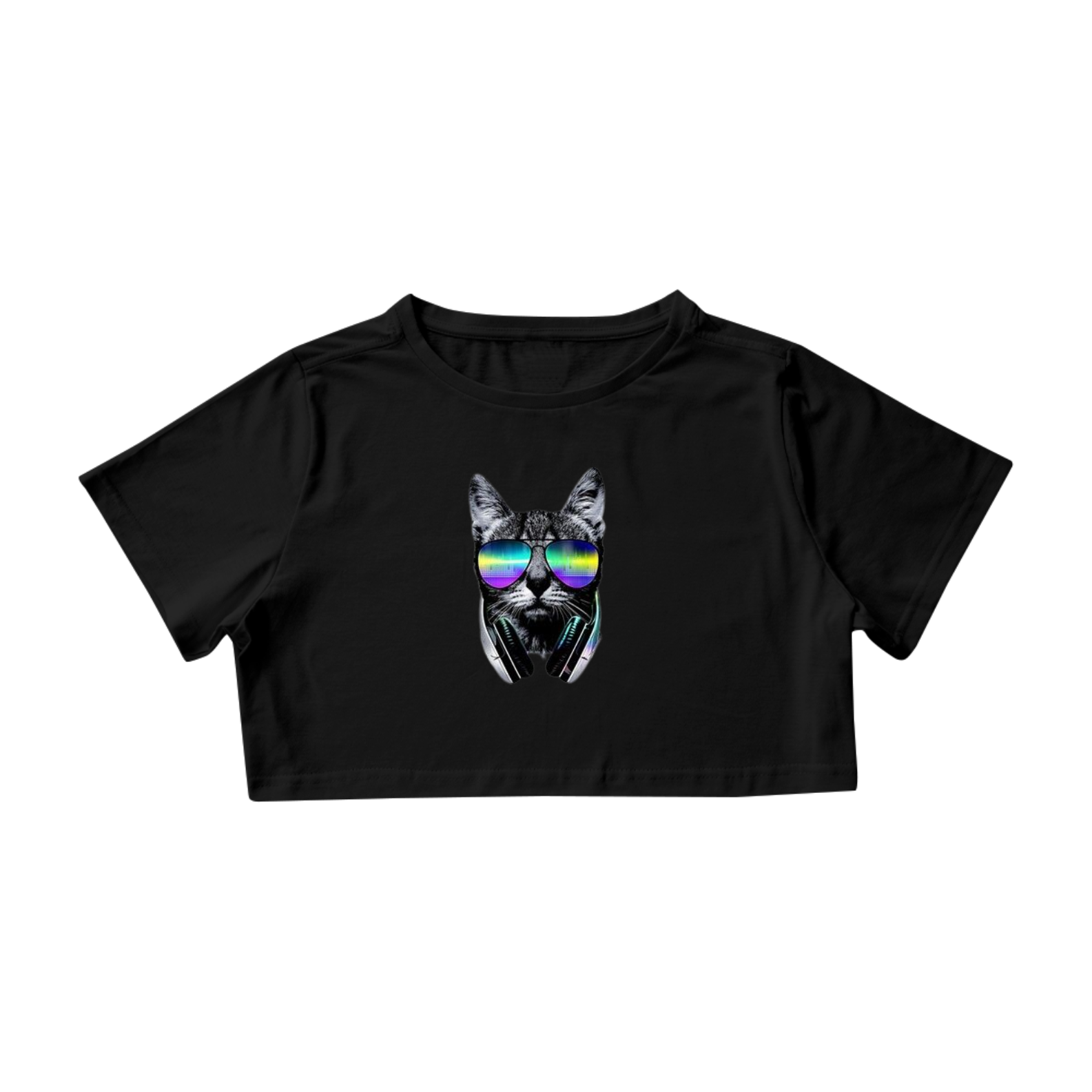 Nome do produto: Camiseta Cropped Gato com Óculos de Sol Colorido e Fone
