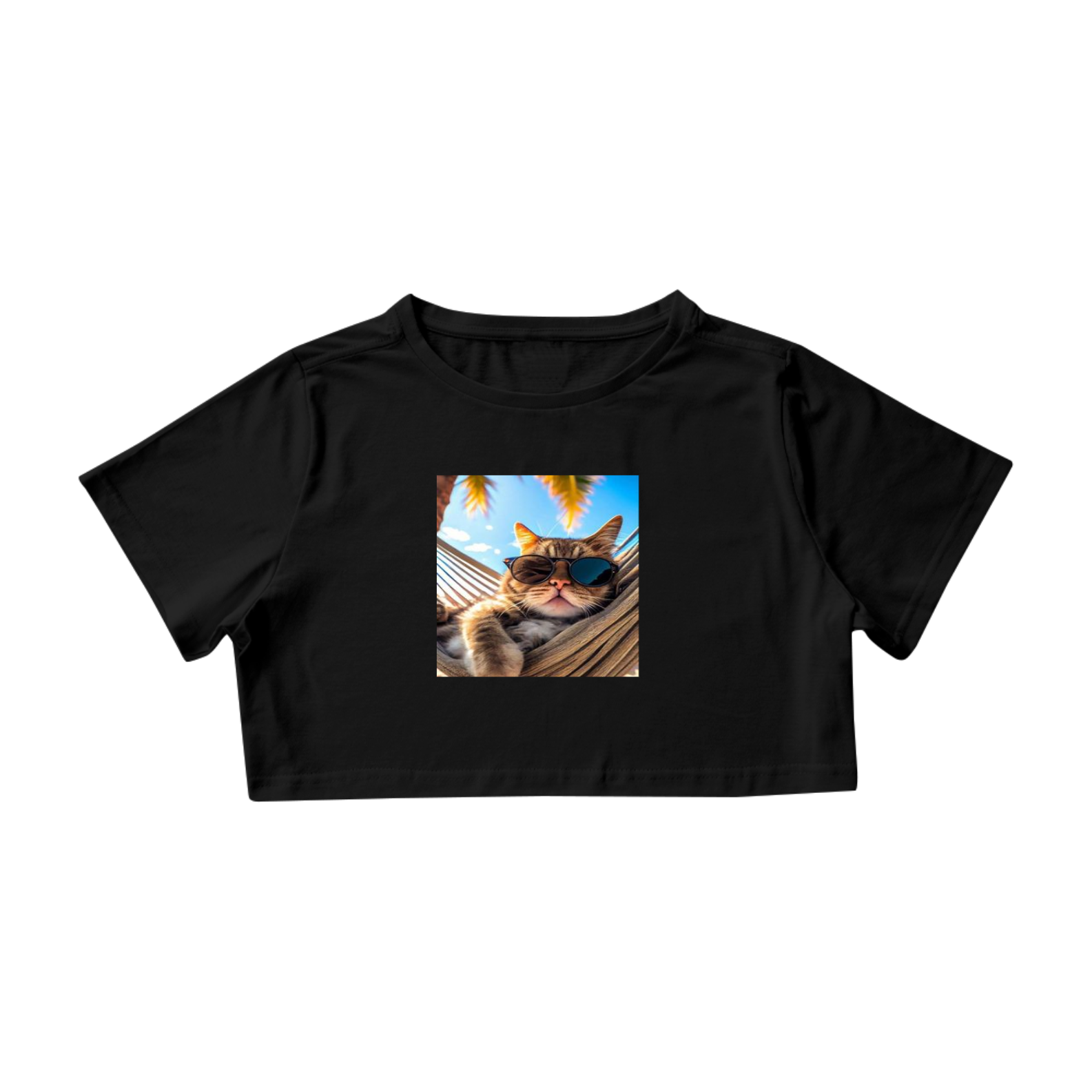 Nome do produto: Camiseta Cropped Gato na Rede com Óculos Escuros