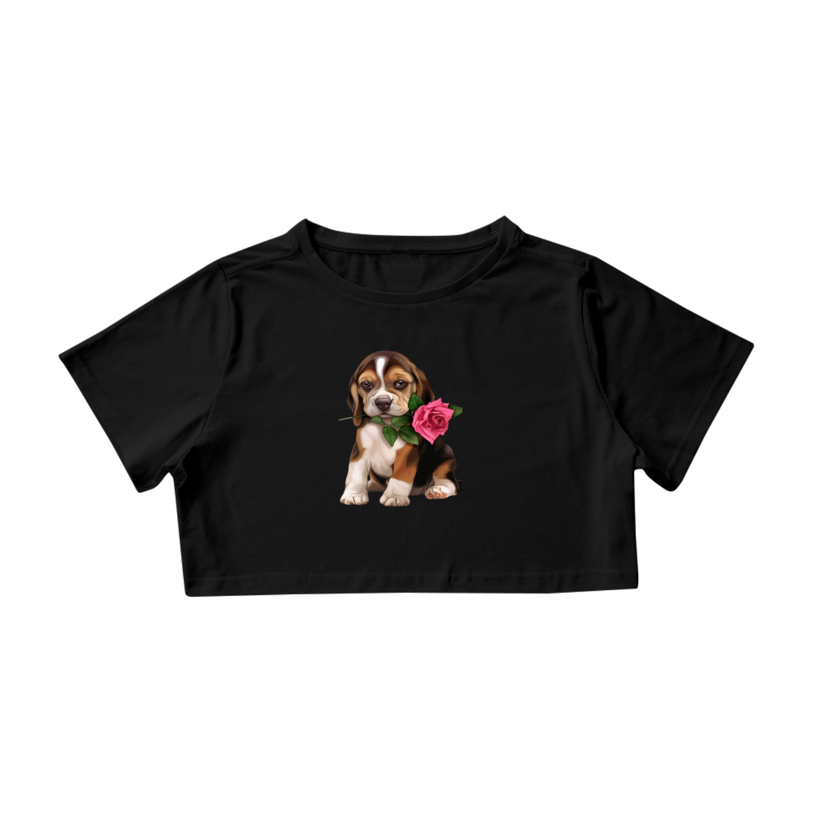 Nome do produto: Camiseta Cropped Cachorro com Rosa