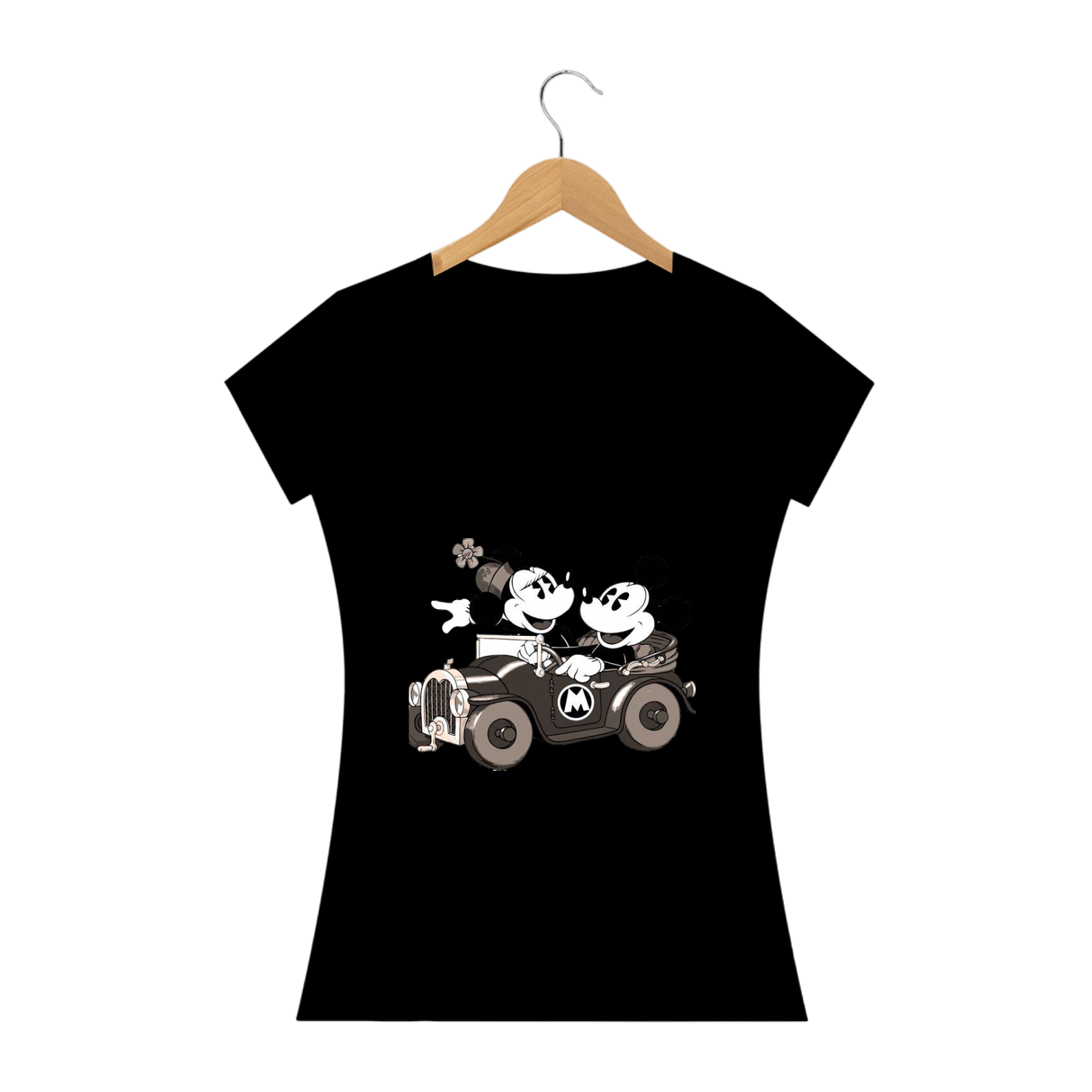 Nome do produto: camisa feminina mickey e minnie classico preto e branco
