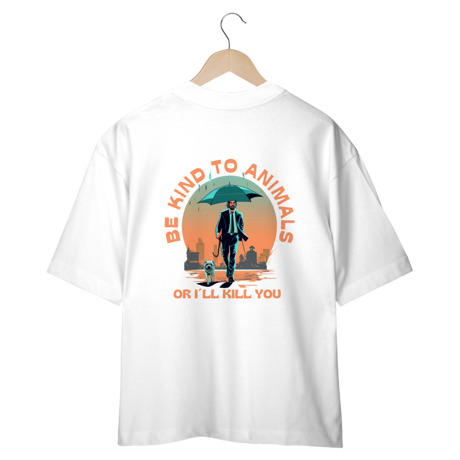 Nome do produto: CAMISETA OVERSIZED DOG, COSTAS LINHA FILME JOHN WICK BE KIND TO ANIMALS