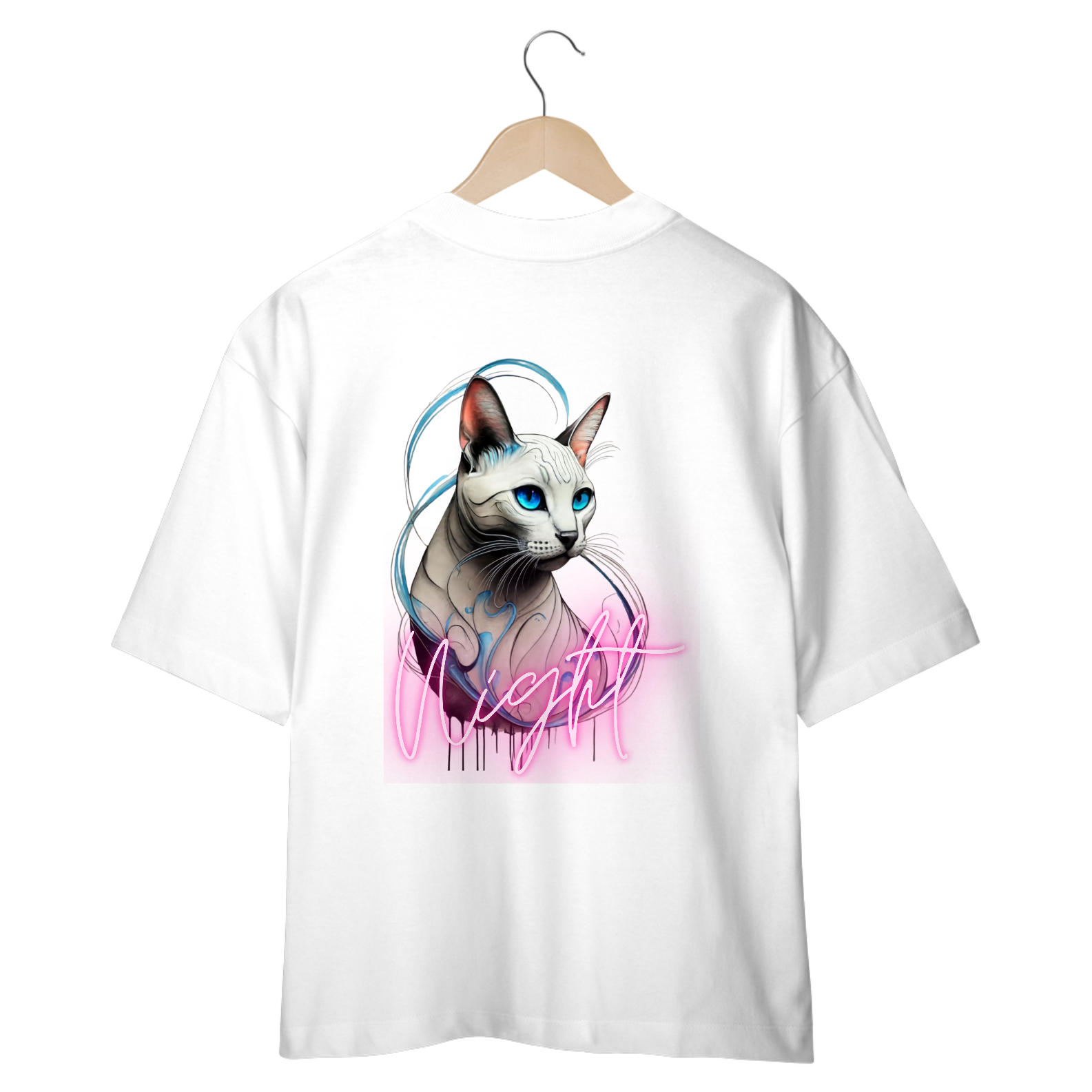 Nome do produto: CAMISETA OVERSIZED COSTAS, CAT NIGHT