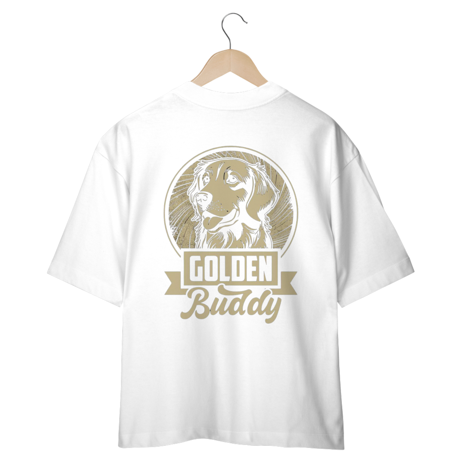 Nome do produto: CAMISETA OVERSIZED COSTAS DOG, GOLDEN BUDDY