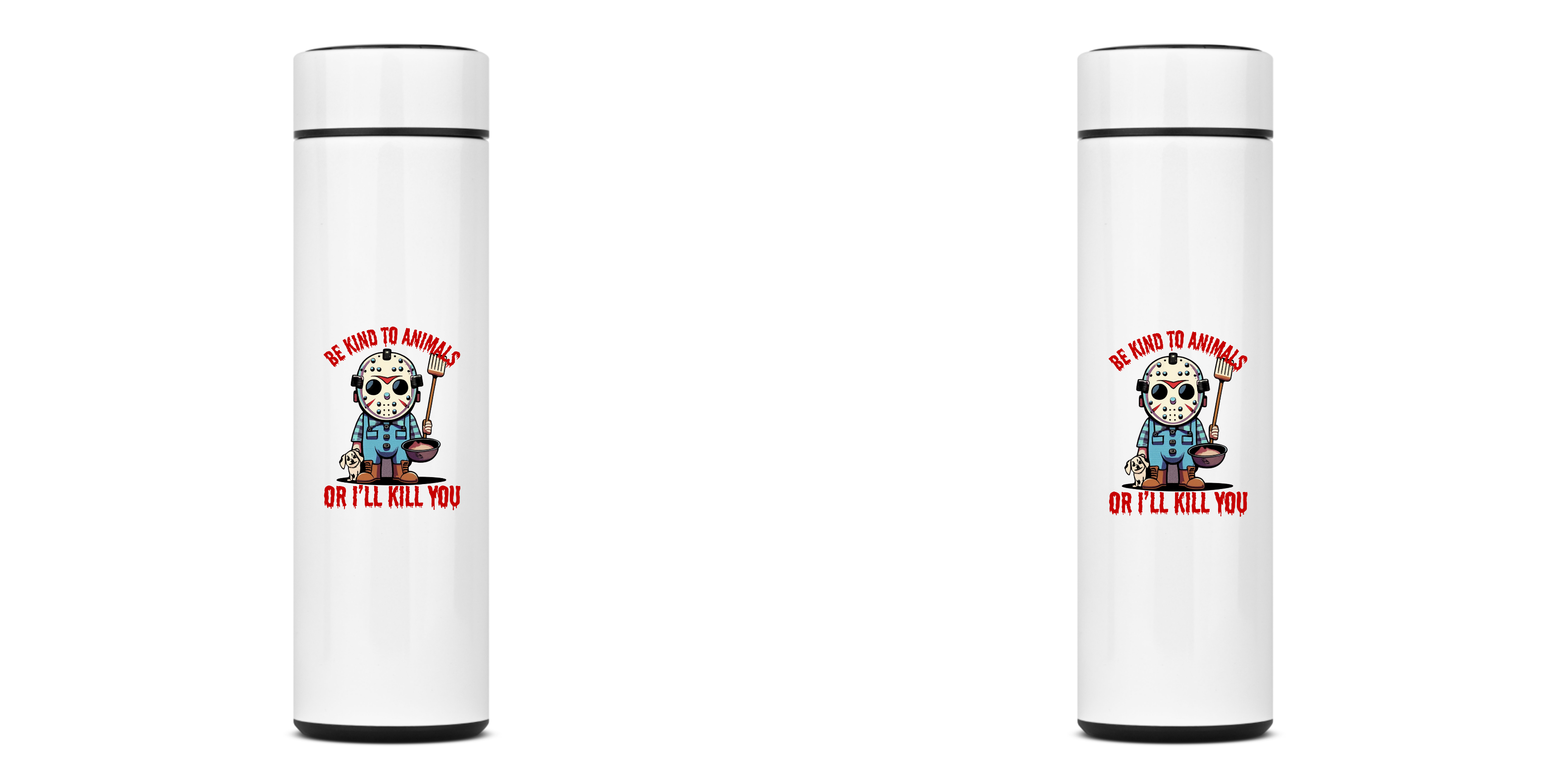 Nome do produto: GARRAFA TÉRMICA DOG JASON BE KIND TO ANIMALS, AÇO INOXIDÁVEL 400ML FRENTE E VERSO 