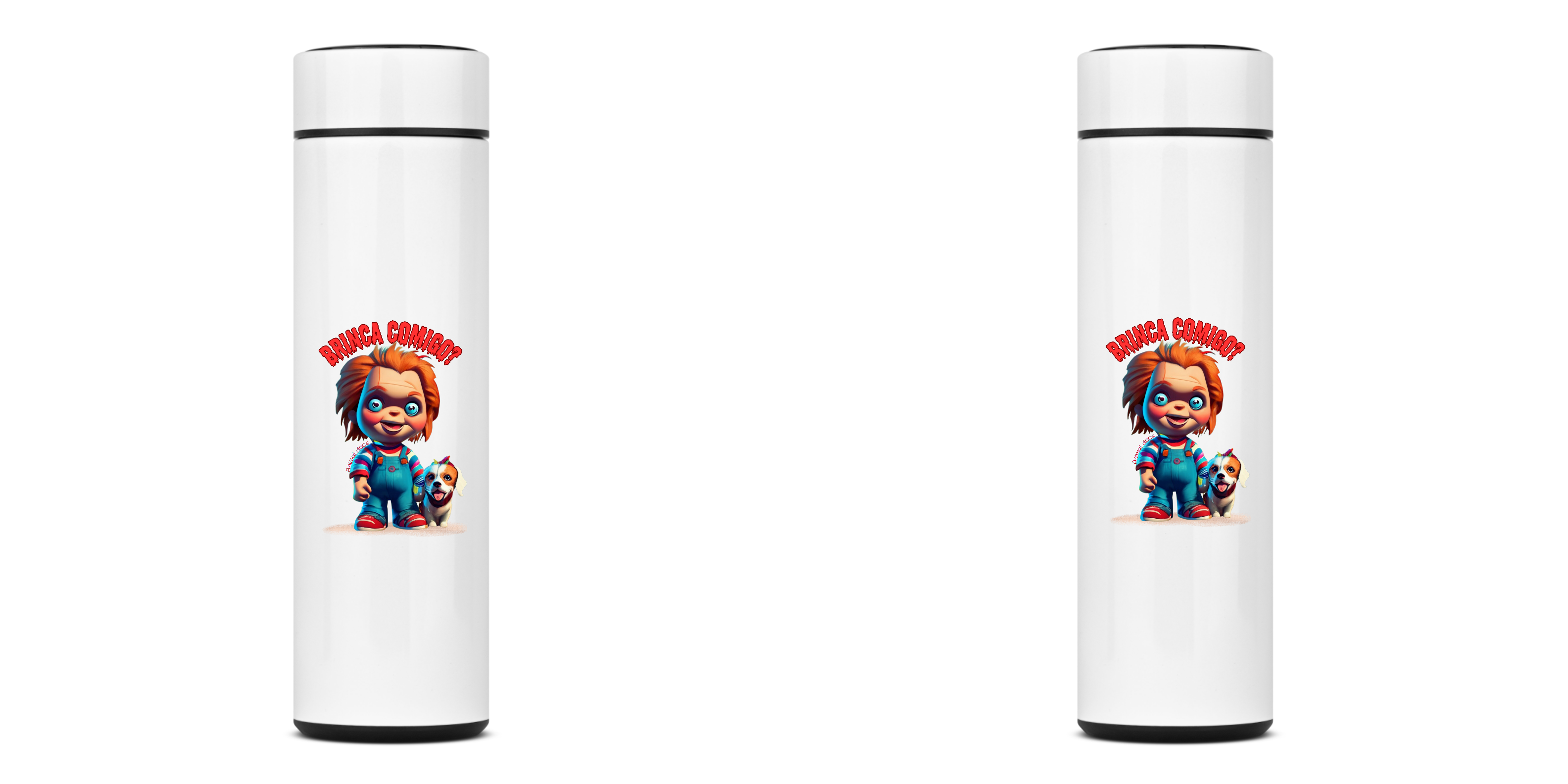 Nome do produto: GARRAFA TÉRMICA DOG CHUCKY, AÇO INOXIDÁVEL 40OML, FRENTE E VERSO