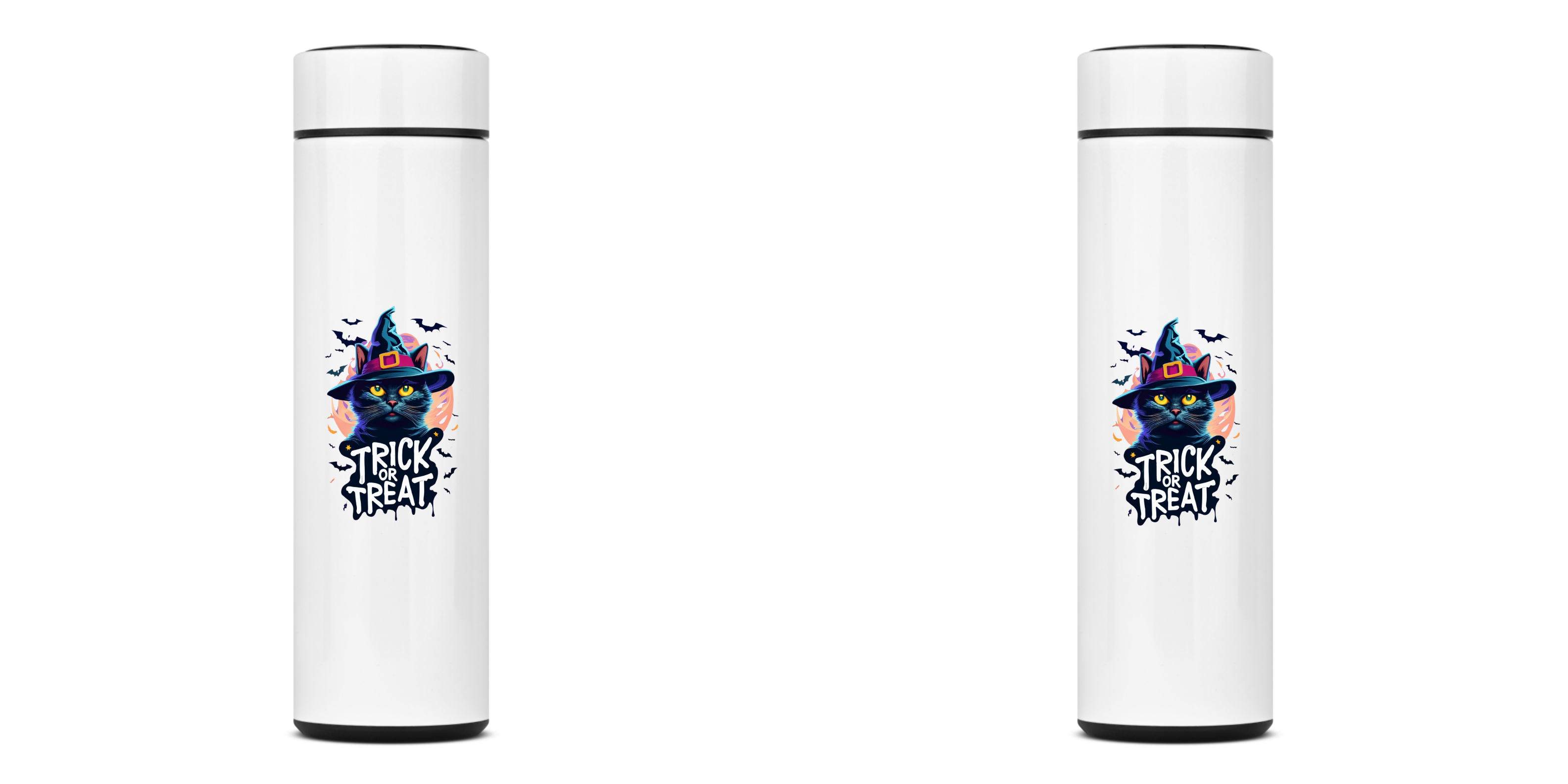 Nome do produto: GARRAFA TÉRMICA CAT BRUXINHO TRICK OR TREAT, AÇO INOXIDÁVEL 40OML, FRENTE E VERSO