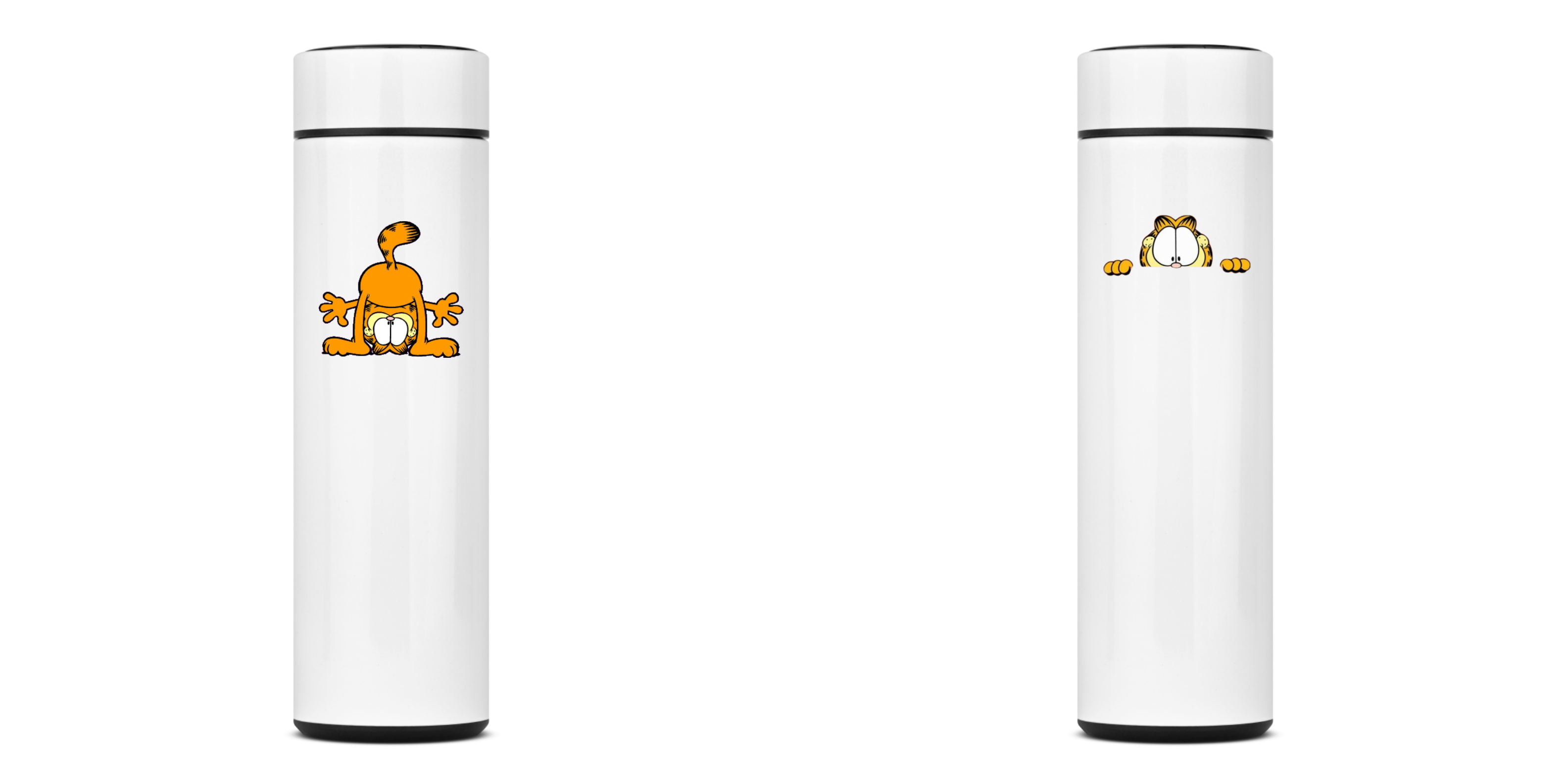 Nome do produto: GARRAFA TÉRMICA CAT GARFIELD, AÇO INOXIDÁVEL 40OML, FRENTE E VERSO