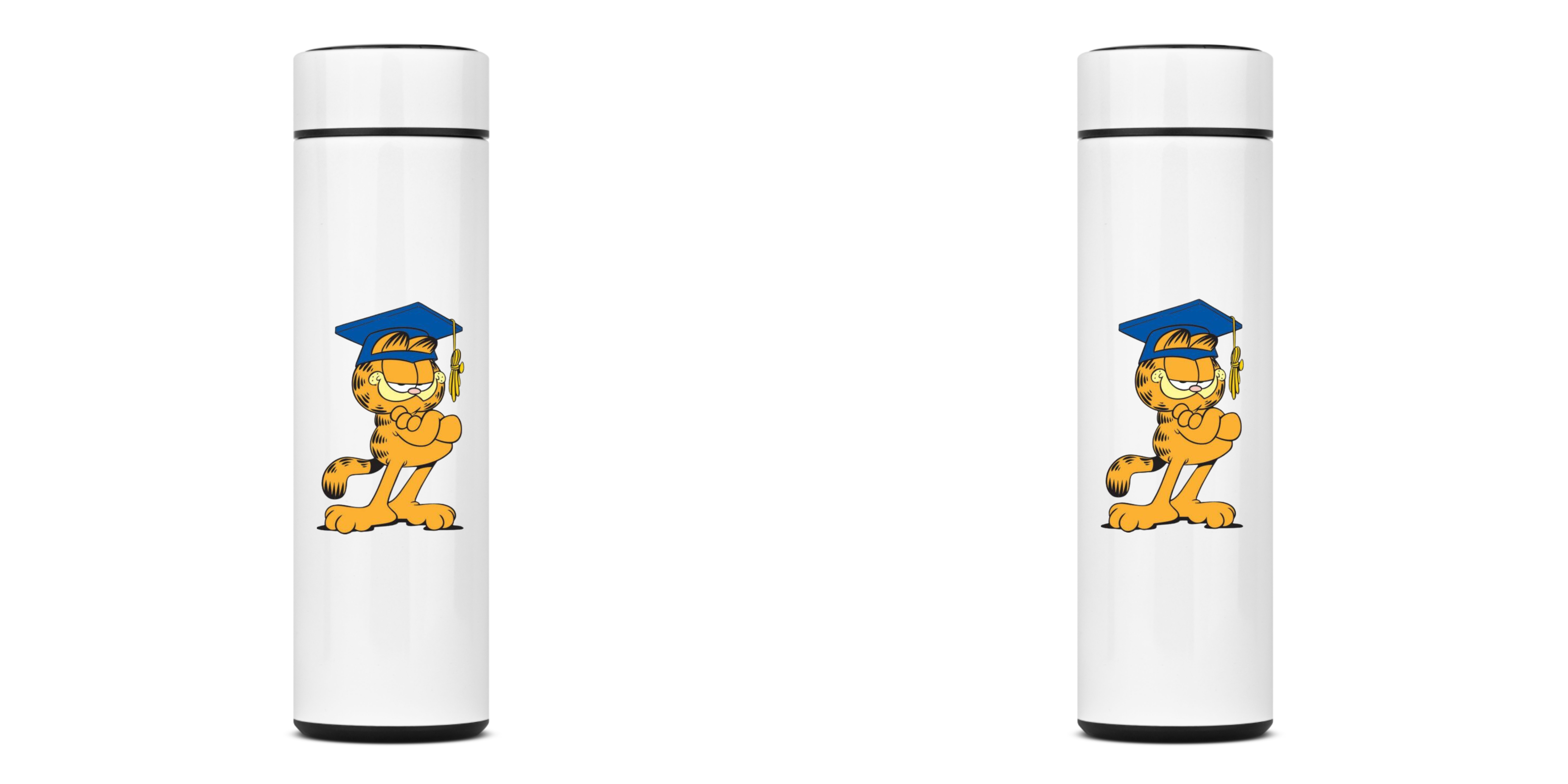 Nome do produto: GARRAFA TÉRMICA CAT GARFIELD FORMATURA, AÇO INOXIDÁVEL 40OML, FRENTE E VERSO