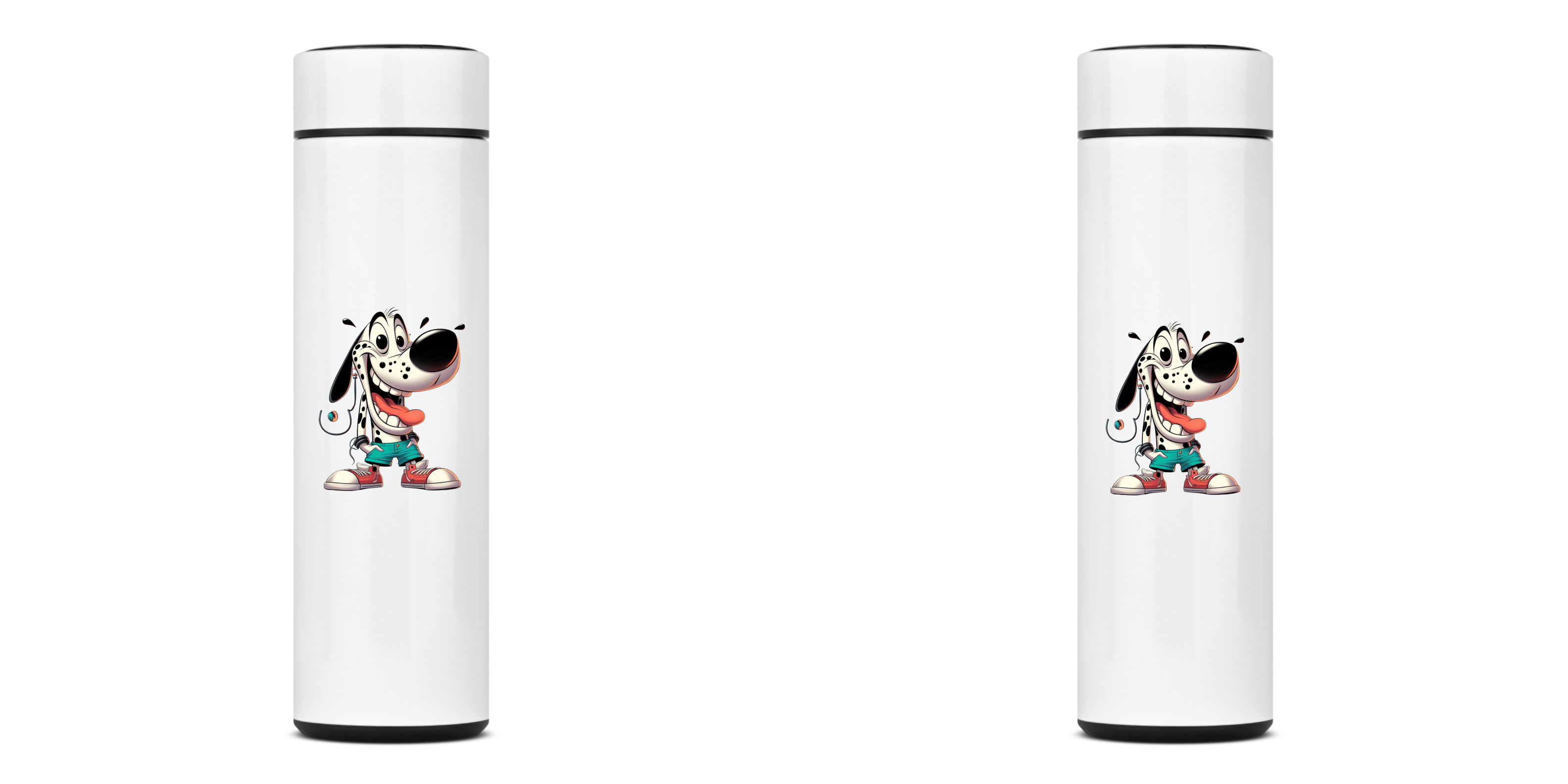Nome do produto: GARRAFA TÉRMICA DOG DALMATA, AÇO INOXIDÁVEL 40OML, FRENTE E VERSO