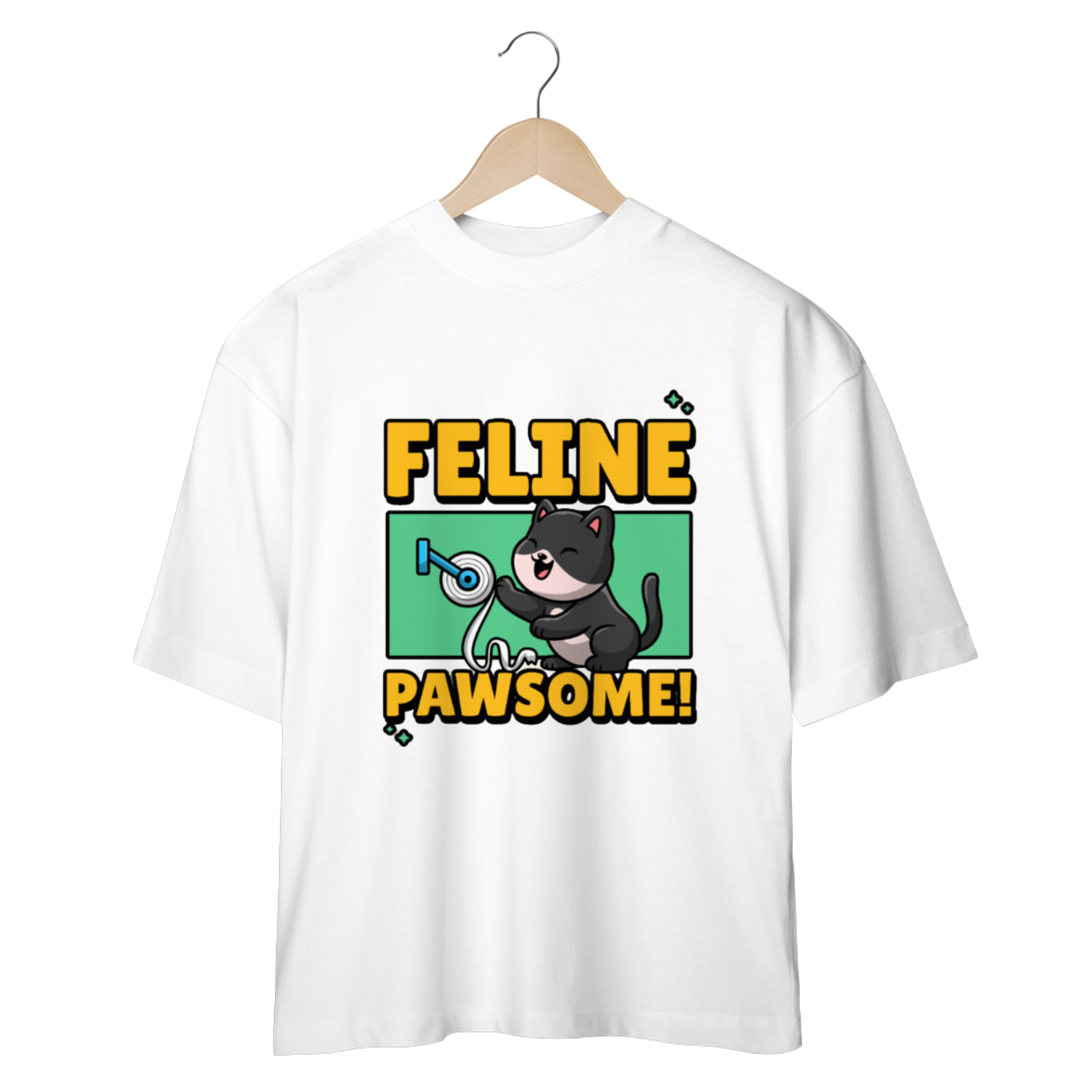 Nome do produto: CAMISETA OVERSIZED, CAT FELINE PAWSOME
