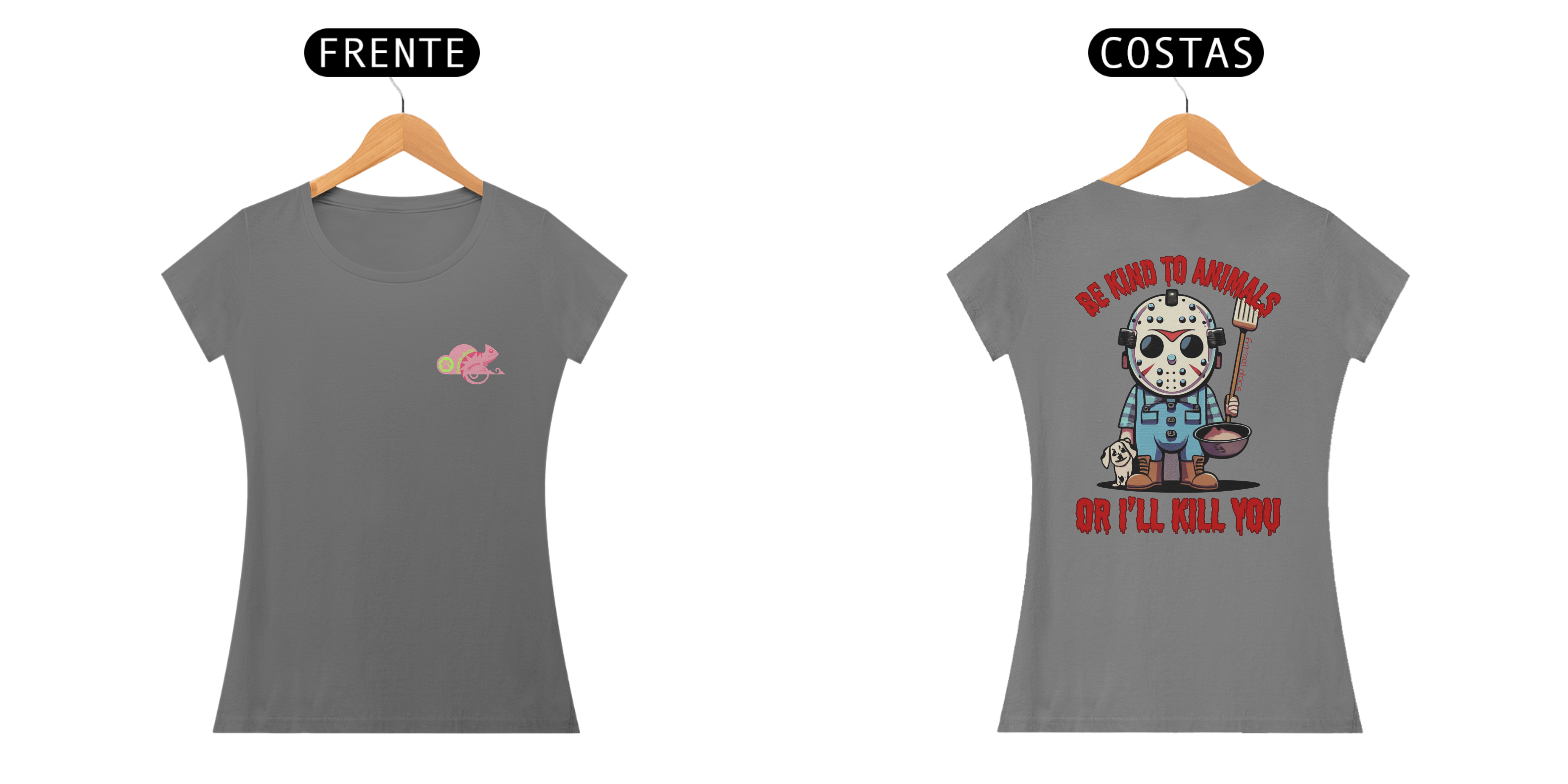Nome do produto: CAMISETA BABY LONG ESTONADA DOG FRENTE E COSTAS, LINHA FILME JASON BE KIND TO ANIMALS, SEXTA FEIRA 13