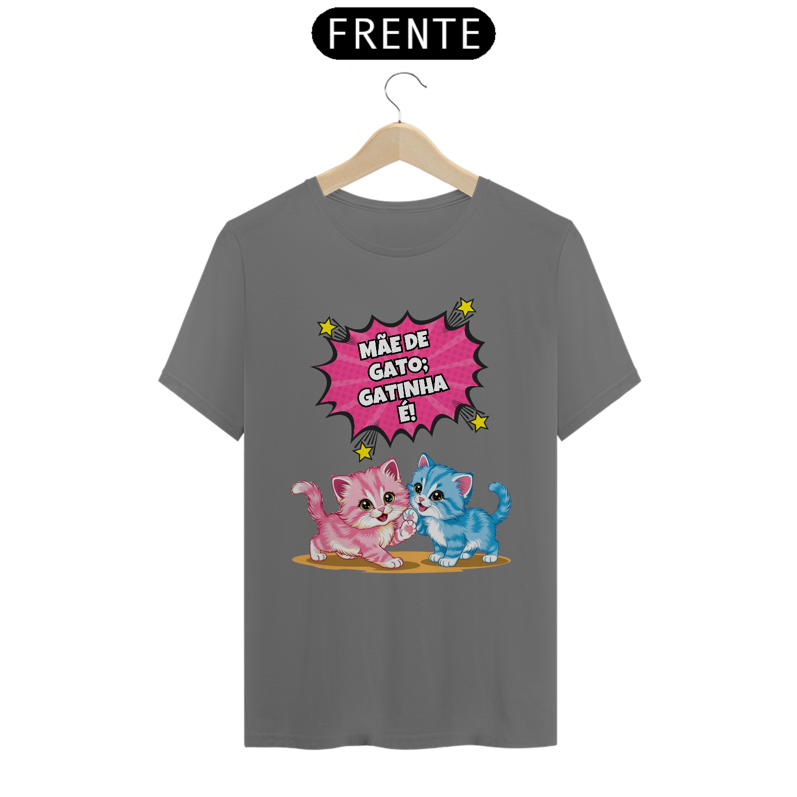 Nome do produto: CAMISETA T-SHIRT ESTONADA, COMICS CAT FRASES MÃE DE GATO GATINHA É